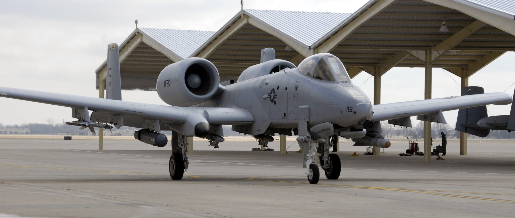 A 442nd Fighter Wing A-10 Thunderbolt II taxiing to its parking space Jan. 13, 2008, is one of 26 upgraded with new electronics by the 442nd Maintenance Group. The 442nd FW is an Air Force Reserve Command unit based at Whiteman Air Force Base, Mo. (U.S. Air Force photo/Maj. David Kurle)