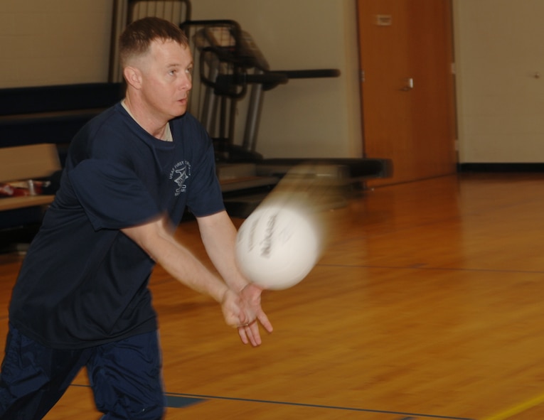 MOODY AIR FORCE BASE, Ga. – Master Sgt. Clarence Rogers, 38th Rescue Squadron first sergeant, serves the volleyball in a game against the Airman Leadership School Class 08-B here Feb 13. The shirts and chiefs won all four games.(U.S. Air Force photo by Senior Airman Schelli Jones)