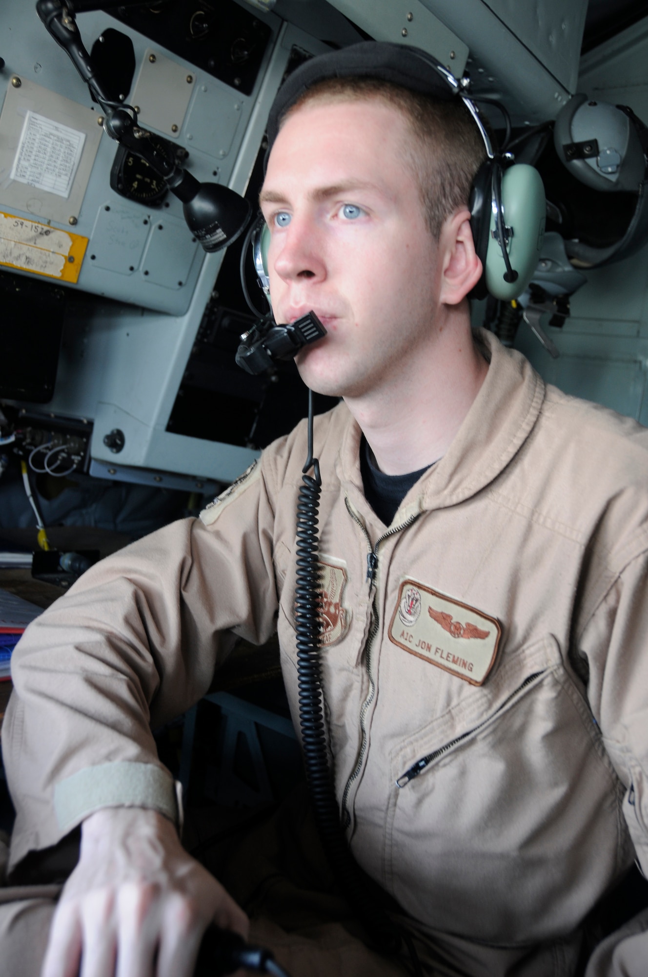 Boom Operator for a KC-135 Stratotanker, Airman 1st Class Jonathan Fleming braces himself for takeoff Feb 14. (U.S. Air Force Photo/Senior Airman Domonique Simmons)