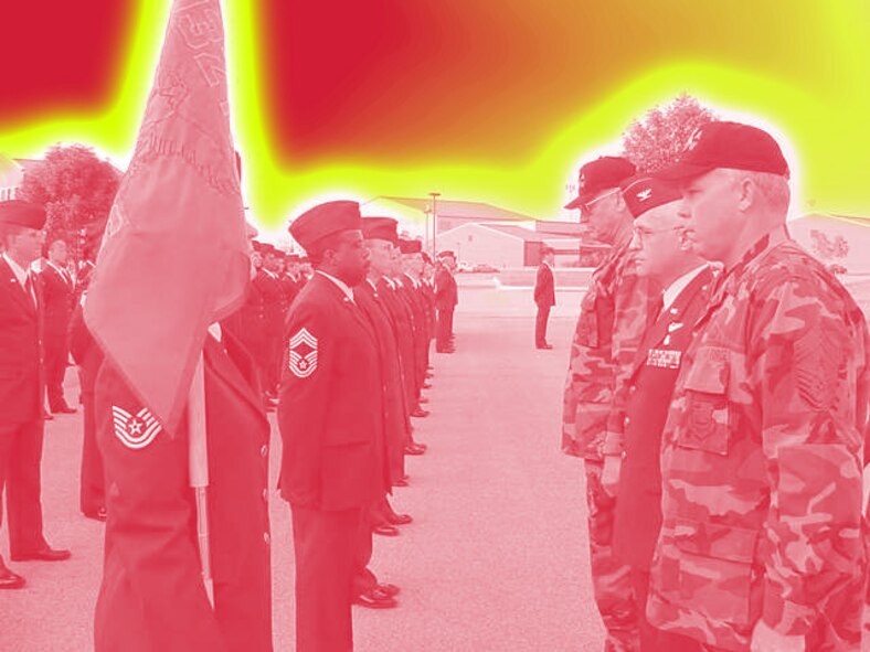 An open ranks inspection was done on a summer day in 2002 by the commander of the 932nd Airlift Wing back then, Col. Oral Carper.  Assisting were the commander of the Medical Group, Col. Roger Wujek, and the 932nd Airlift Wing Command Chief Master Sgt. Merle Lyman.  Artwork rendering from 932 AW/PA.