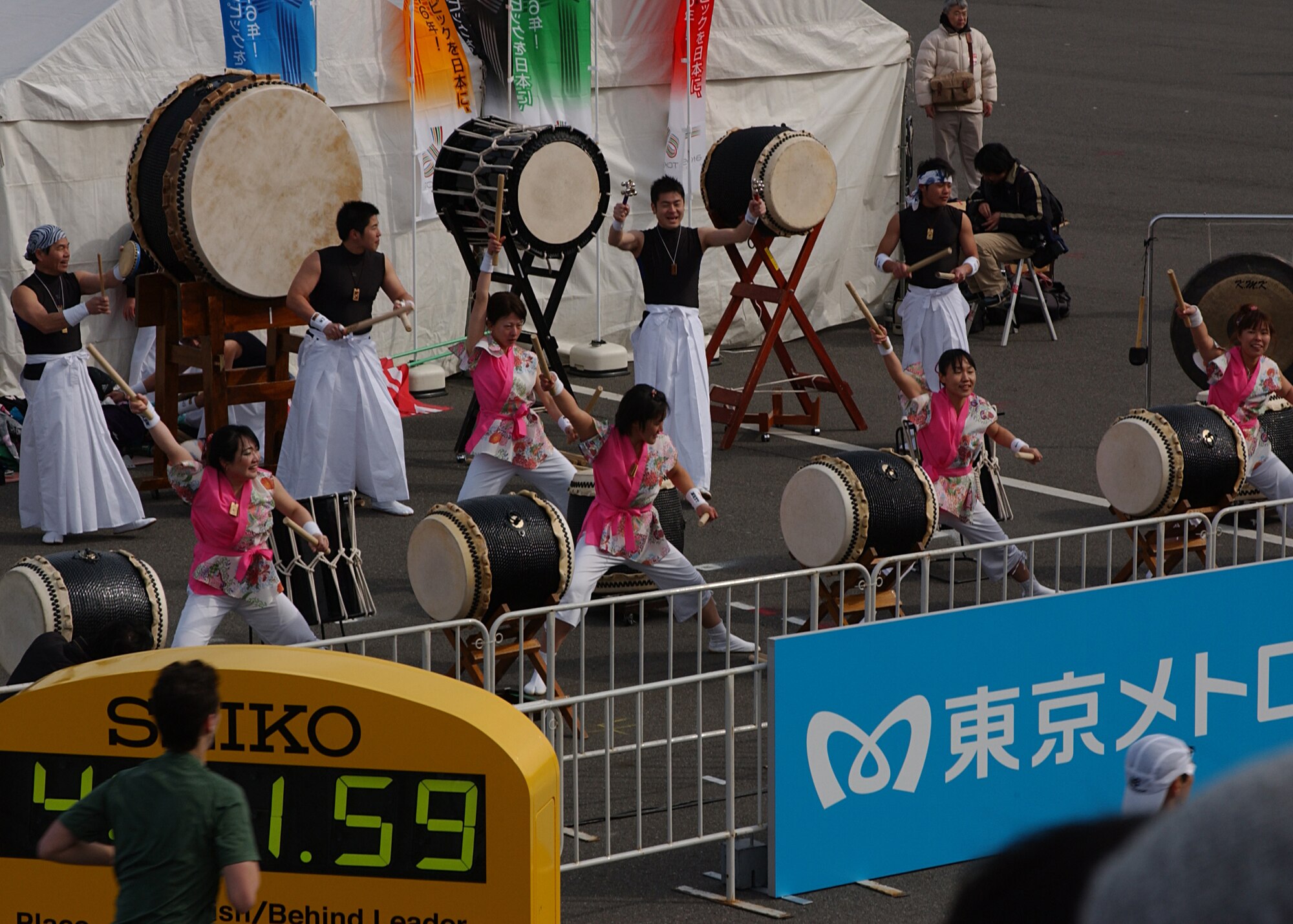 TOKYO, Japan-- A taiko drum group performs at the finish line of the Tokyo Marathon on Feb. 17. Many groups performed during the marathon to support the runners and entertain visitors. (U.S. Air Force photo by Airman 1st Class Jonathan Fowler)                                   