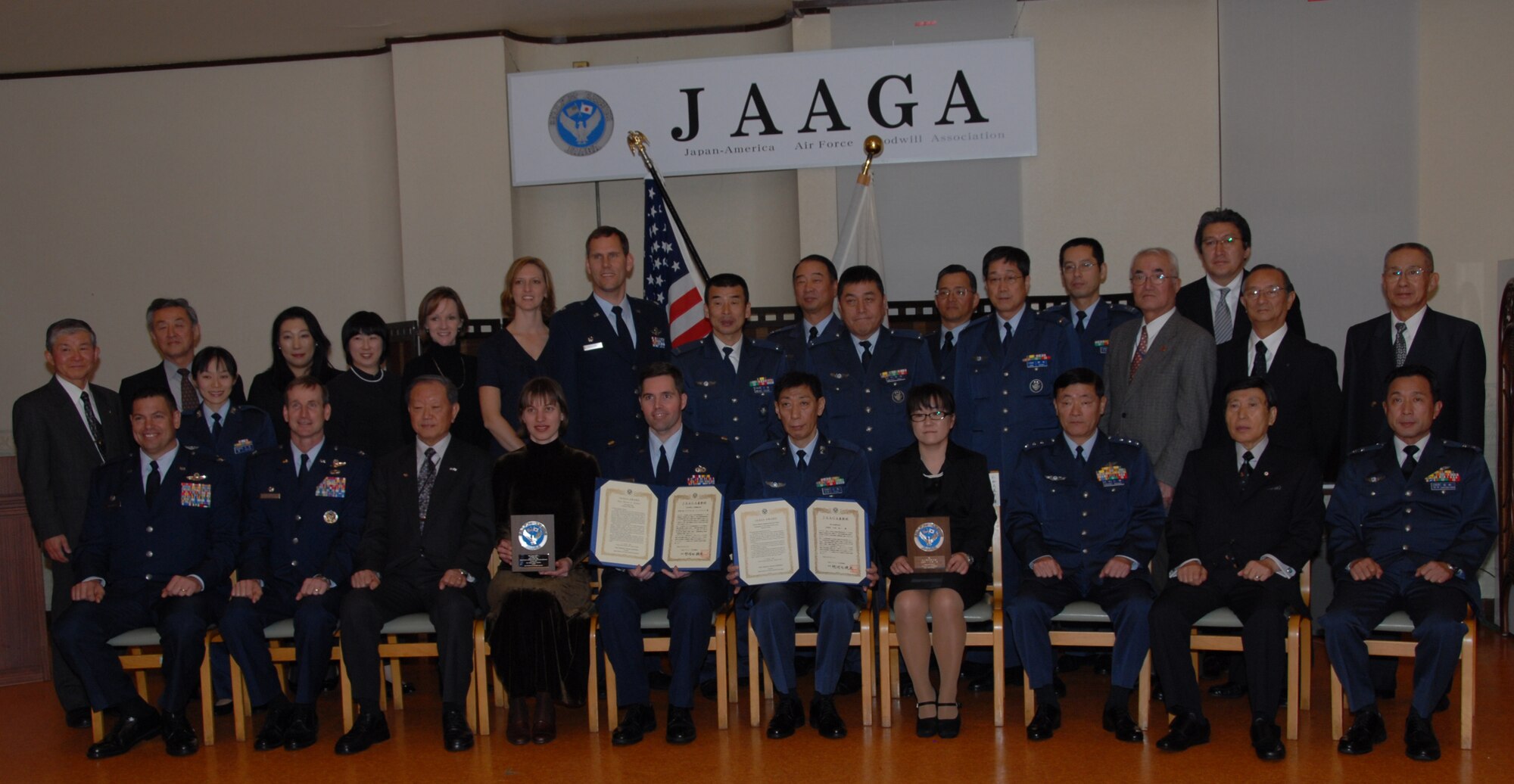 MISAWA AIR BASE, Japan -- Attendees at the Japan-America Air Force Goodwill Association award ceremony pose for a group picture at the JASDF club "Ogawara" Feb. 15, 2008. JAAGA is an organization composed of primarily JASDF veterans whose goal is to promote friendship and mutual understanding between JASDF and the U.S. Air Force. This year was the first time the annual awards ceremony was held at a JASDF facility. (U.S. Air Force photo by Staff Sgt. Rachel Martinez)