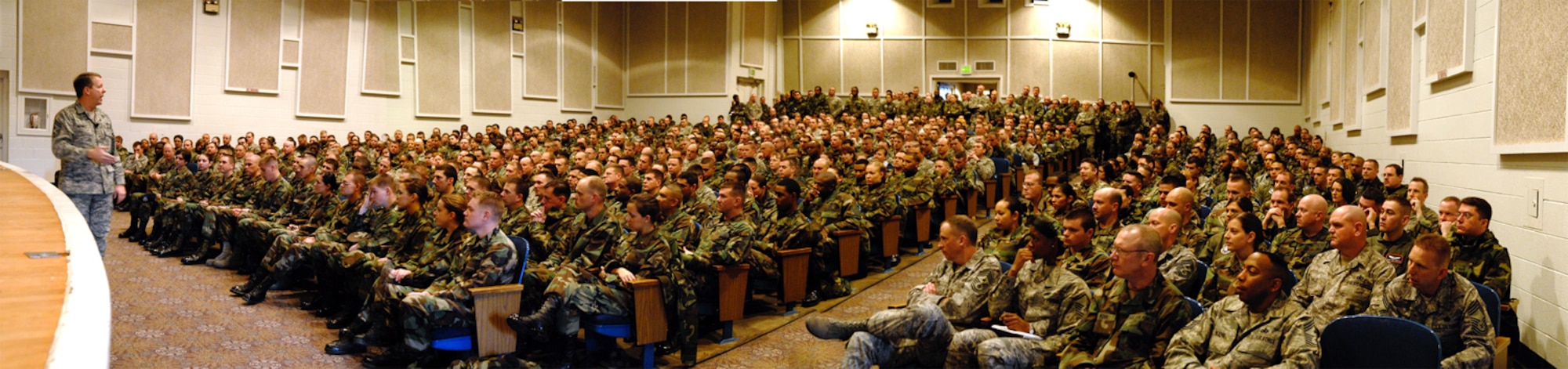 Chief Master Sgt. of the Air Force Rodney McKinley meet with scores of Team Pete Airmen Feb. 14 at the base theather. (U.S. Air Force photo/Rob Bussard)  