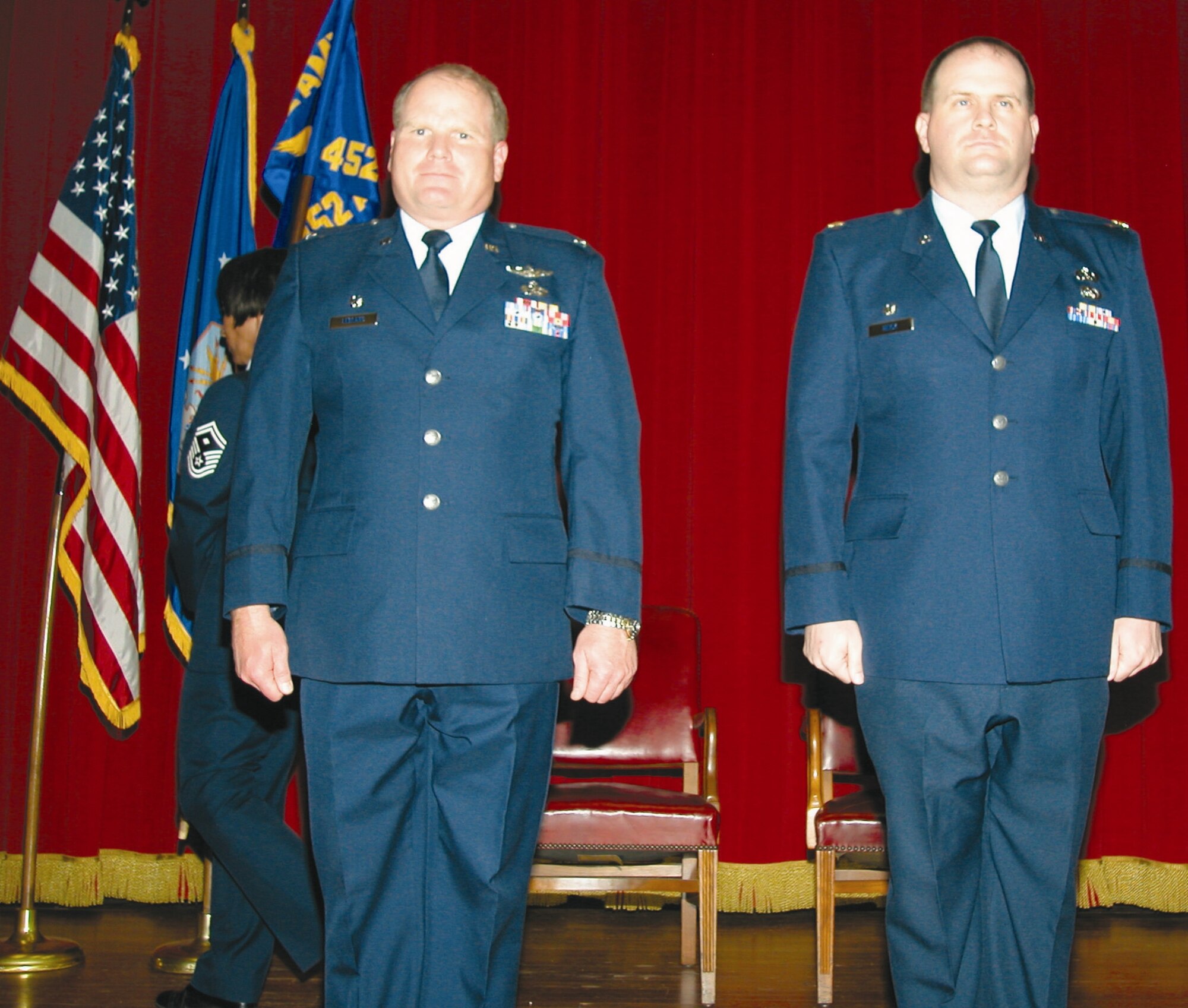 Colonel Cam J. LeBlanc, left, 452nd Maintenance Group commander, officiated the assumption of command ceremony for Major Aaron J. Heick, 452nd Aircraft Maintenance Squadron commander. Major Heick directs more than 70 people who are responsible for the maintenance of eight C-17 aircraft. His squadron provides support to the other maintenance units in areas of command and control, plans and scheduling, maintenance data analysis, programs and resources, training and supply. (U.S. Air Force photo by Joseph N. Davidson, 452AMW/Public Affairs)