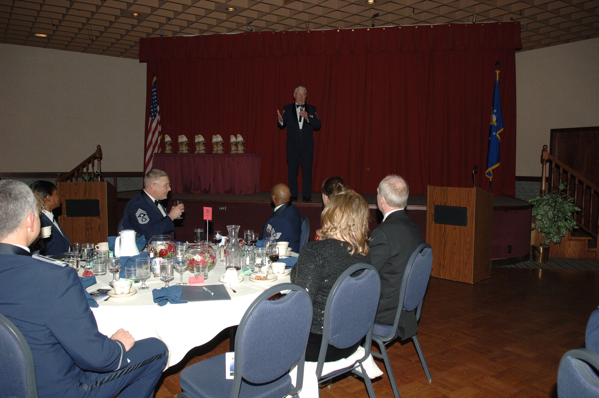 FAIRCHILD AIR FORCE BASE, Wash. -- Chief Master Sgt. Robert Gaylor (ret.), fifth Chief Master Sgt. of the Air Force, speaks at the 2007 Annual Awards Banquet at Club Fairchild here Feb. 15. Chief Gaylor spoke of opportunity, aptitude and, and congratulated all nominees on their commitment to excellence. (U.S. Air Force photo / Senior Airman Jocelyn Ford)