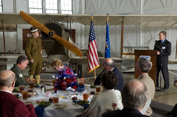 Tech. Sgt. Nicholas Hickey, 311th Mission Support Group, plays the role of Sidney Brooks during a ceremony hosted by Eric Stephens, director, 311th Human Systems Wing, commemorating the 90th anniversary of Brooks City-Base. The base was named after aviation cadet Sidney Brooks, a San Antonio native, who was killed in a training accident at Kelly Field. (U.S. Air Force photo/Steve Thurow) 
