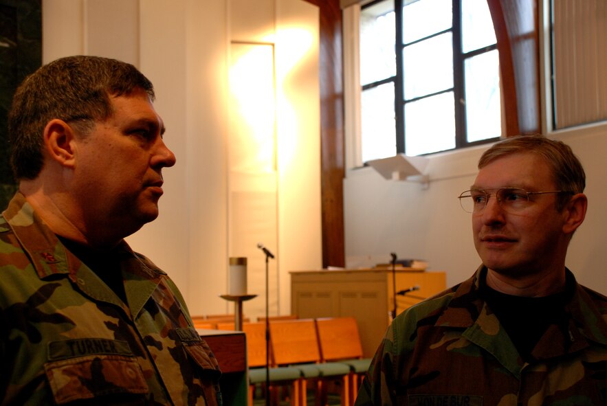 These Air Force Reservists come from two different states to drill at the 932nd Airlift Wing in Illinois.

Both are traditional Air Force Reservists who live and work in their communities, and both are an integral part of the 932nd Airlift Wing Chapel staff, Chaplain Major Keith Turner and Master Sgt. Harold VonDeBur, are temporarily located at Chapel One, room 122 during UTA Hours: 0730-1100, or 1230-1600 and by appointment.  Photo/Capt. Stan Paregien