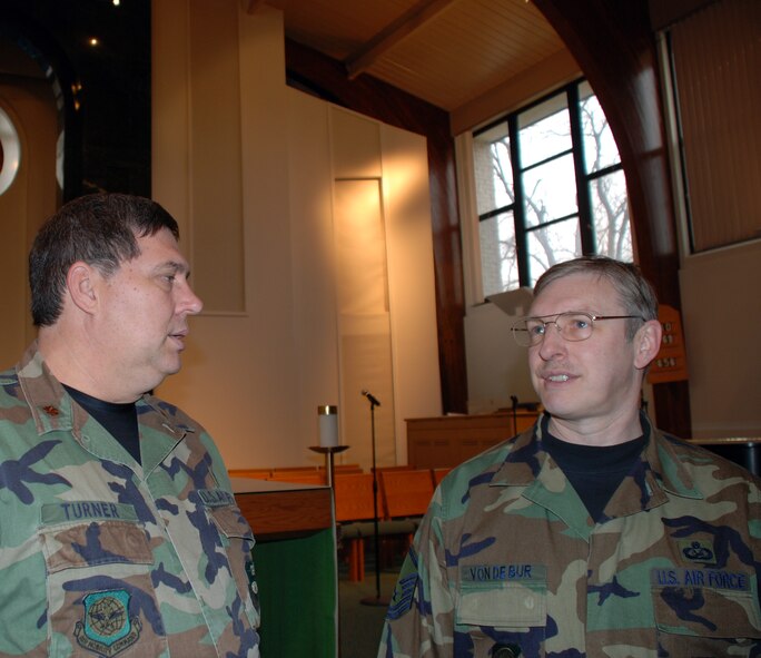 It looks like another busy Air Force Reserve weekend!  The 932nd Airlift Wing Chapel staff, (Chaplain) Major Keith Turner and Master Sgt. Harold VonDeBur, are constantly busy on drill weekends.  Their home building is being renovated, so in the meantime, they are located at Chapel One, room 122 during UTA Hours: 0730-1100, or 1230-1600 and by appointment.  Photo/Capt. Stan Paregien