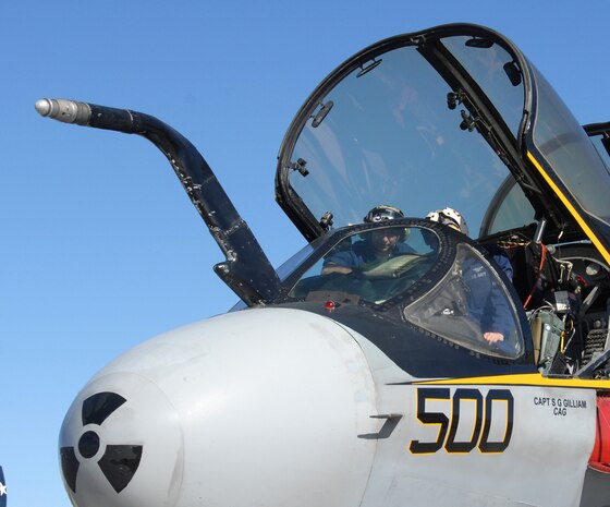 NELLIS AIR FORCE BASE, Nev. – Navy Petty Officers 1st Class Jason Petty (left) and Shane Narewski prepare a Navy EA-6B Prowler from Electronic Attack Squadron 138 for a Red Flag mission here Feb. 12. Red Flag is a multi-national exercise providing pilots with a realistic environment to practice combat scenarios. The experience gained during Red Flag is vital to the survival of pilots in combat. (U.S. Air Force photo by Chief Master Sgt. Gary Emery)