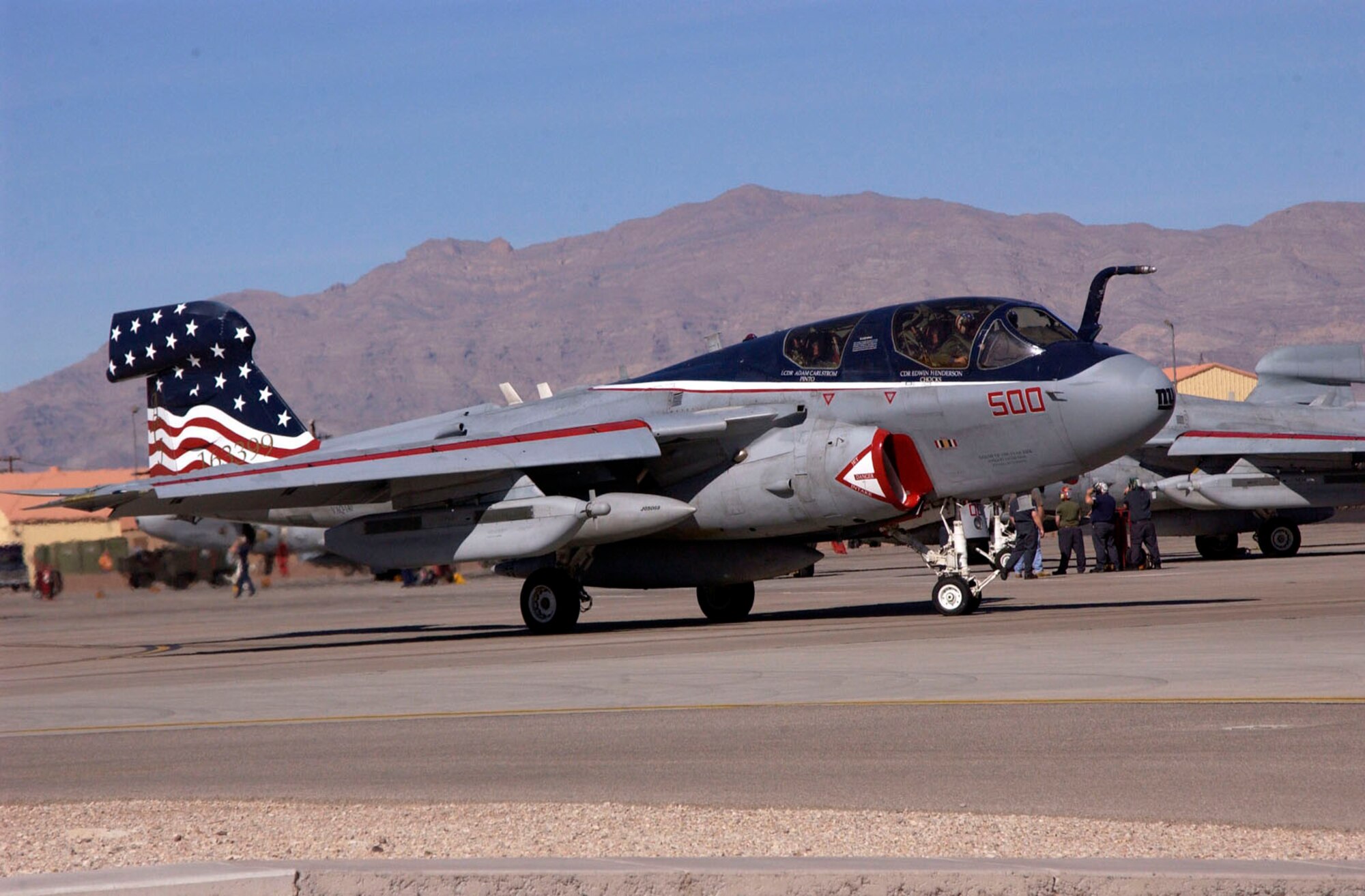 NELLIS AIR FORCE BASE, Nev.—An EA-6B Prowler stationed at Naval Air Station Whidbey Island, Wash., taxis to the south end-of-runway for a preflight “last chance” inspection at Red Flag 08-2.2 here Feb. 12. Red Flag is a multi-national exercise providing pilots with a realistic environment to practice combat scenarios. The experience gained during Red Flag is vital to the survival of pilots in combat. (U.S. Air Force photo by Airman 1st Class Ryan Whitney)