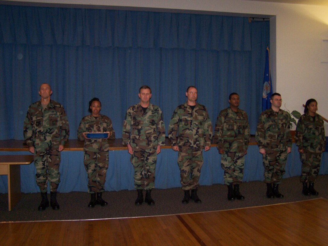 SEYMOUR JOHNSON AIR FORCE BASE, N.C. -- Several reservists from the 916th Logistics Readiness Squadron were recognized for their outstanding achievements during the February unit training assembly. Lt. Col. Tim Lamb (far left) gets ready to present the Meritorious Service Medal to Senior Master Sgt. Greg Nelson (third from left), Tech. Sgt. William Slusher (middle) and Tech. Sgt. James Felton (third from right) and the Air Force Commendation Medal to Tech. Sgt. David Boyette (right) and Staff Sgt. Sarita Jordan (far right). U.S. Air Force photo/Staff Sgt. Monica Leonvelez