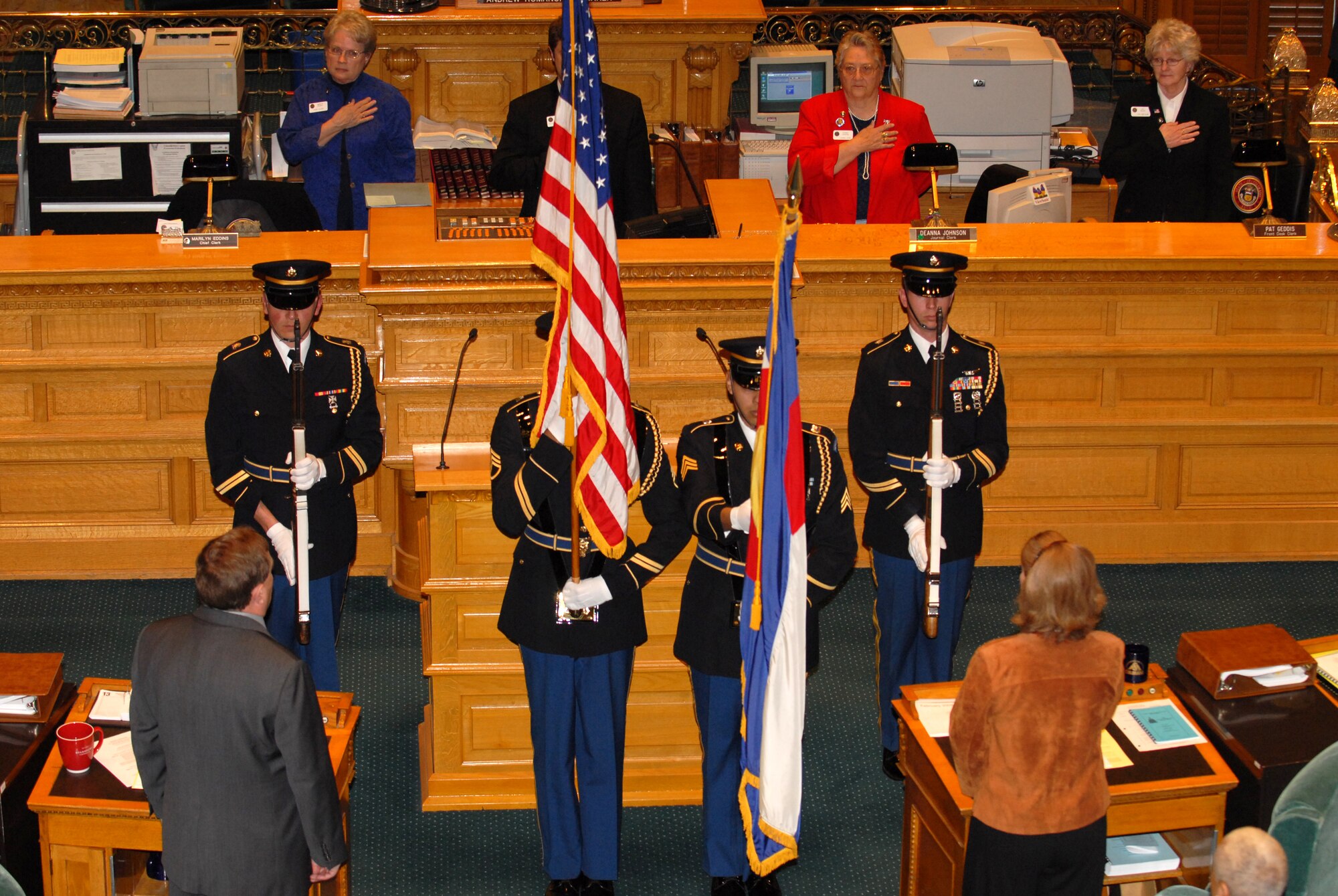 Harmony in Motion, Fort Carson Honor Guard, Colorado Springs, Colo. posts the colors prior to the reading of Proclamation 10-07, proclaiming Feb 13, 2008 Military Appreciation Day in Denver, Colo., Feb 13, 2008.  (U.S. Air Force photo by Airman First Class Randi Flaugh)