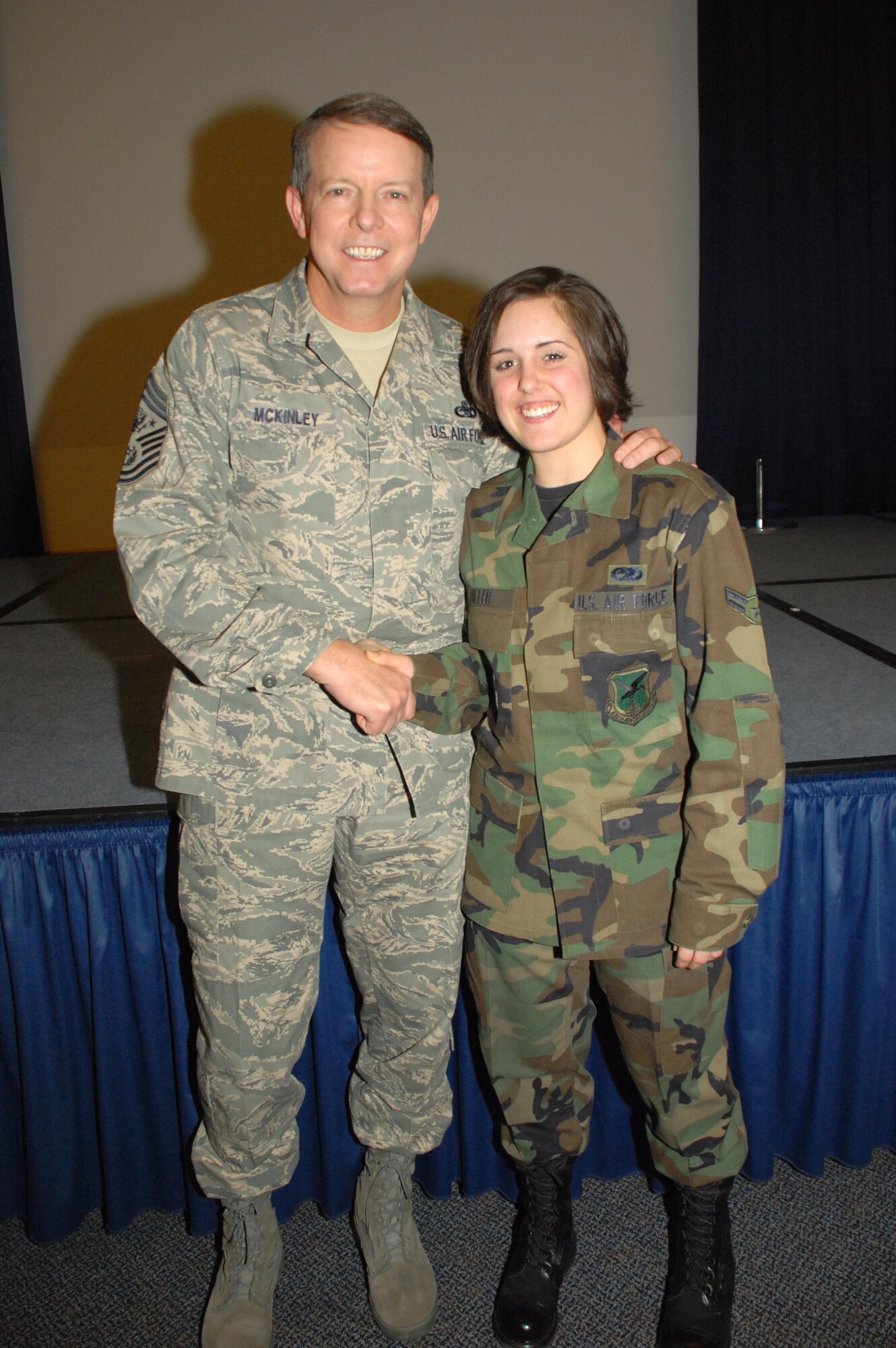 Chief Master Sgt. of the Air Force Rodney J. McKinley, thanks Airman 1st Class Chelsie Miller, 436th Aircraft Maintenance Squadron, for the work she and other many other maintainers perform to keep the aging Air Force fleet of aircraft in the skies. The chief commended maintainers on the ‘heart and soul’ they put into keeping the Air Force’s aging aircraft fleet flying as recapitalization efforts are continually underway. (U.S. Air Force photo/Tech. Sgt. Kevin Wallace)