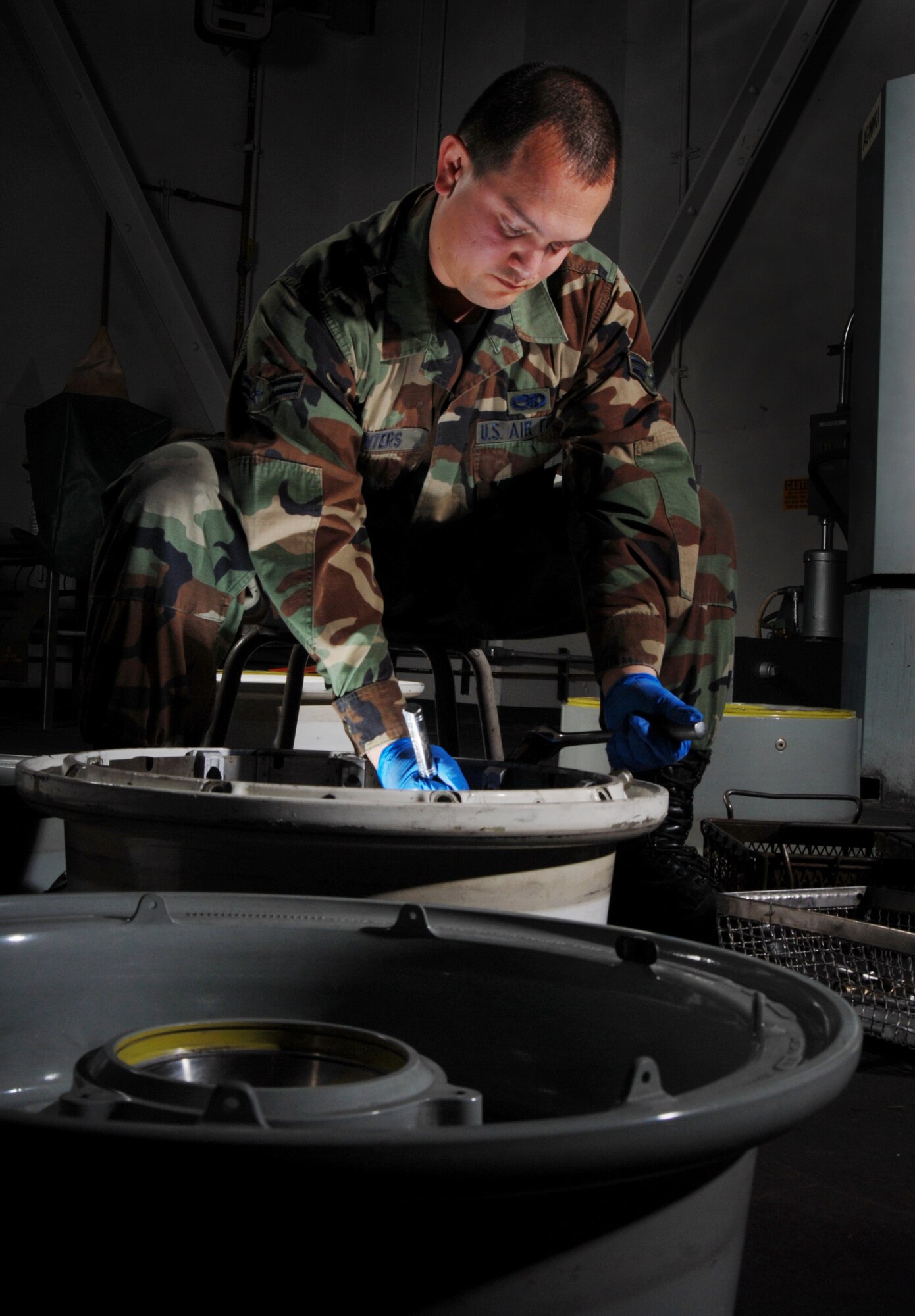 Airman 1st Class Jonathan Centers, an aircraft mechanic from the Aero Repair Shop, uses a  ratchet wrench to install heat shied on a KC-135 Stratotanker refueling aircraft main wheel at March Air Reserve Base, Calif., on Feb. 3, 2008. March Air Reserve Base, located in Southern California, is home to the largest air mobility wing in the Air Force Reserve Command. It is also home to units from the Army Reserve, Navy Reserve, Marine Corps Reserve and Air National Guard. (U.S. Air Force photo by Val Gempis)