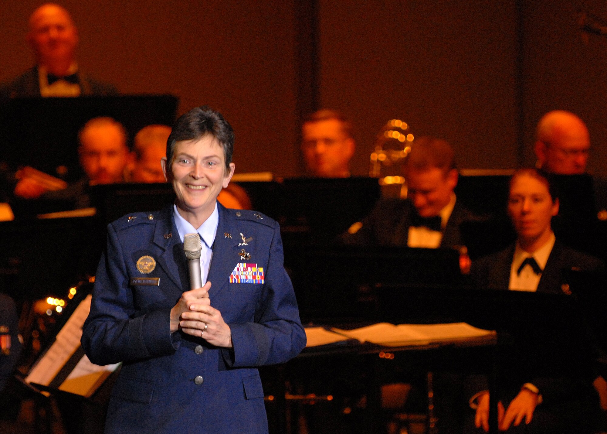 SMC’s Vice Commander Brig. Gen. Ellen Pawlikowski welcomed the Band of the Golden West prior to the group’s performance at the Armstrong Theater in Torrance, Feb. 16. Featuring a mix of music from show tunes to classical to patriotic; the concert was free and open to the public. (Photo by Stephen Schester) 

