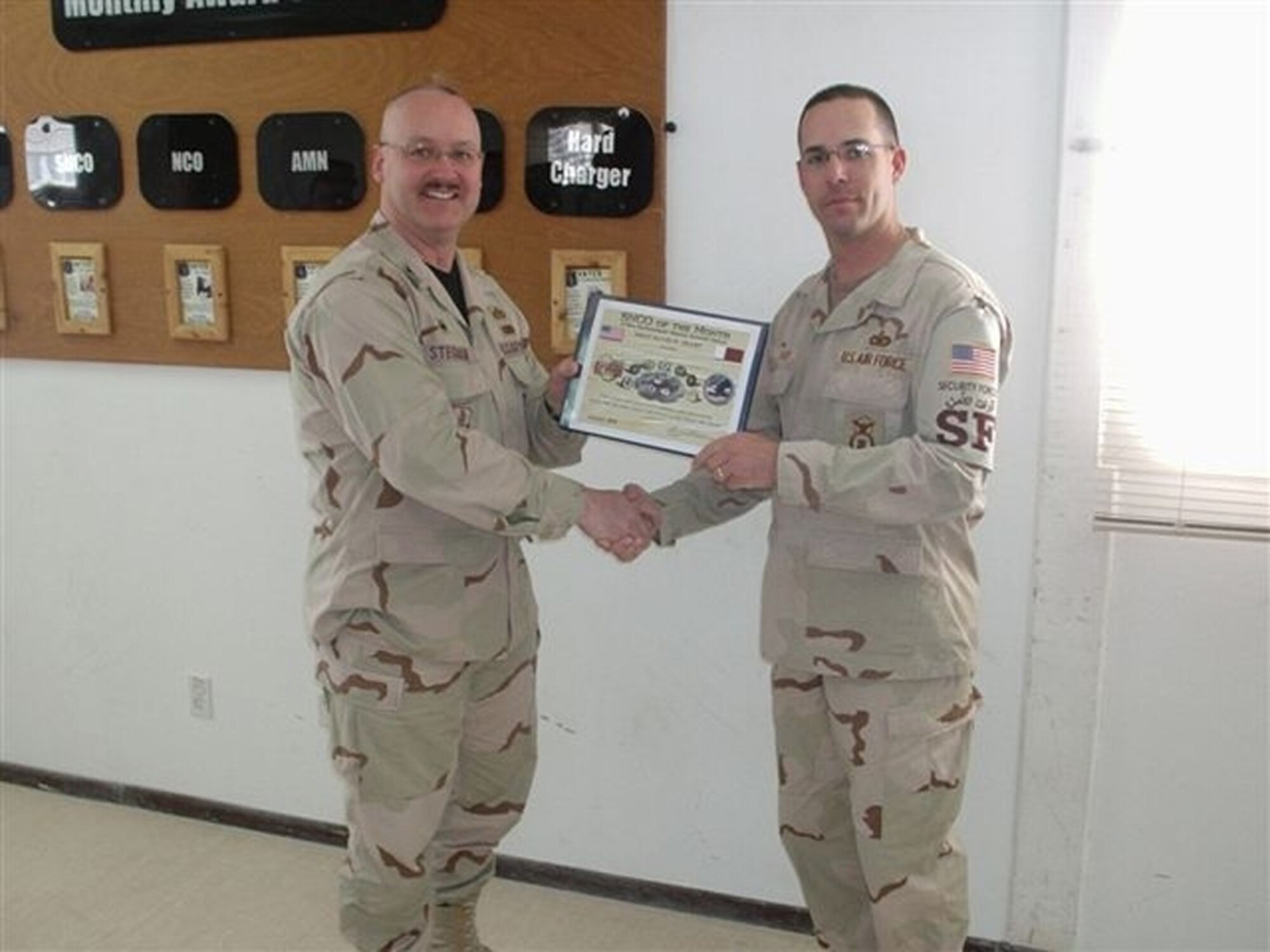 Col. Shane Stegman, 379th Expeditionary Mission Support Group Commander, presents Master Sgt. David Sharp with the Senior NCO of the Month award for January 2008. Sergeant Sharp is deployed from Pope's 43rd Security Forces Squadron.