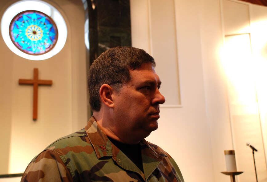 The 932nd Airlift Wing Chaplain (Major) Keith Turner, ponders and reflects on the needs of his Air Force Reserve unit members.  He is temporarily located at Chapel One, room 122 during UTA Hours: 0730-1100, or 1230-1600 and by appointment. Photo/Capt. Stan Paregien