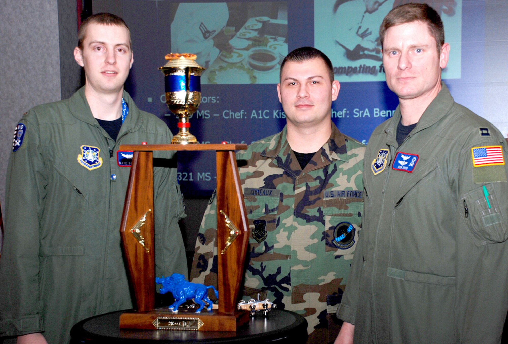 Crews from the 90th Operations Group participate in a Line Swine Competition Feb. 6. The competition was a combination of missile procedures, book testing, training scripts and multiple, simaltaneous scenarios that require rapid response from the crews. Second Lt. Nate Bischoping, Senior Airman Kevin Comeaux and Capt. Rob Ward, all from the 319th Missile Squadron, earned the trophy for the competition (U.S. Air Force photos/Airman 1st Class Daryl Knee).