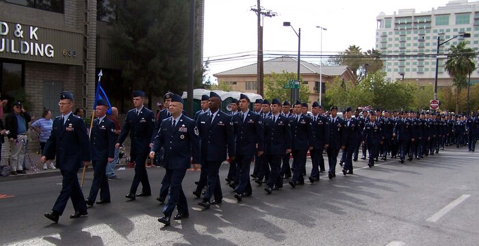Airman Leadership School students march in the Las Vegas Veterans Day Parade Nov. 11, 2007.  Every ALS student performs at least three hours of community service as part of the course curriculum.  (U.S. Air Force photo) 