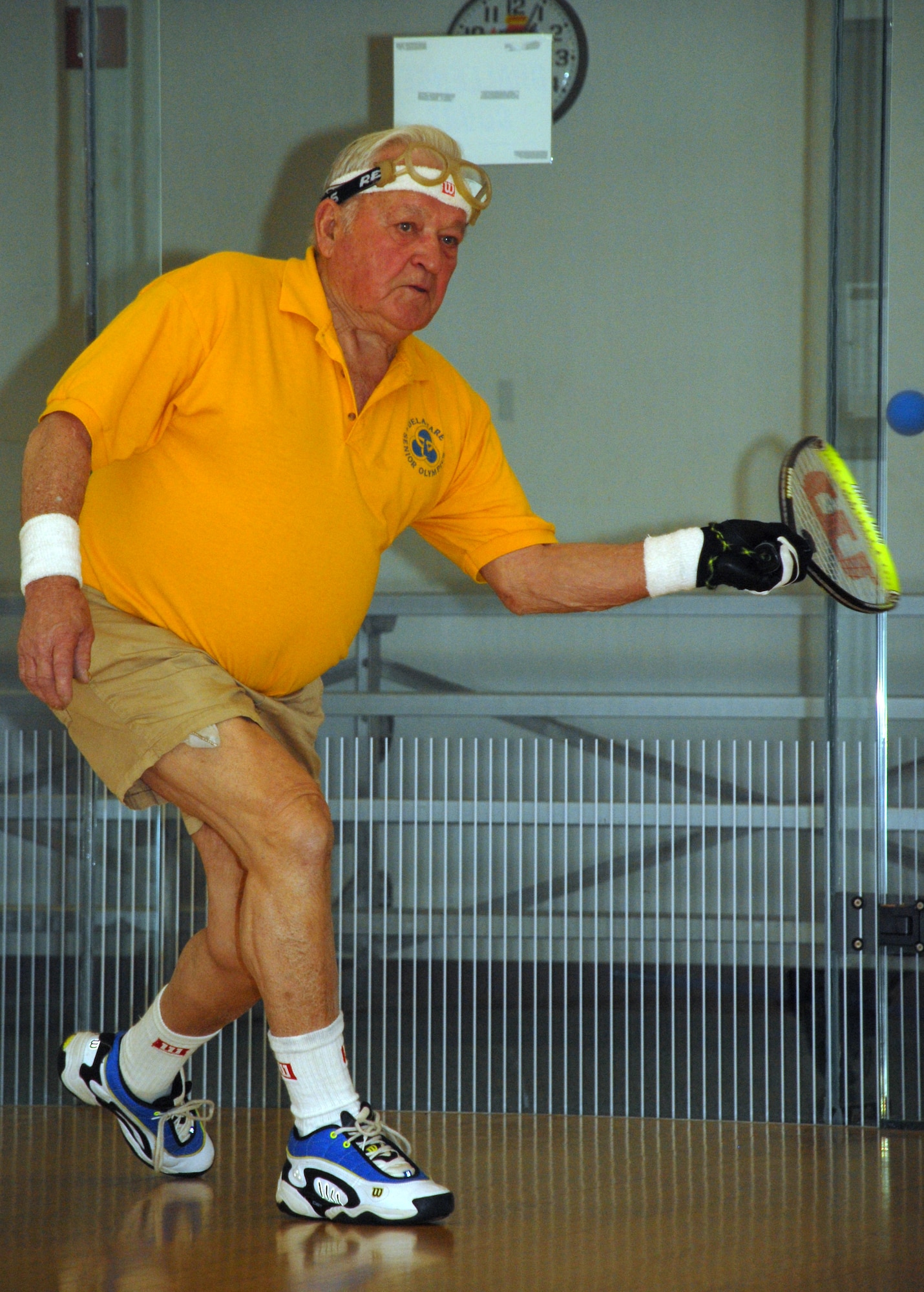 Bill Dawkins, a 79-year-old former Marine Corps private first class, sharpens his racquetball skills at the Dover Air Force Base Fitness Center. Mr. Dawkins is preparing for the National Senior Games 2009 – Senior Olympics. (U.S. Air Force photo/Tech. Sgt. Kevin Wallace)
