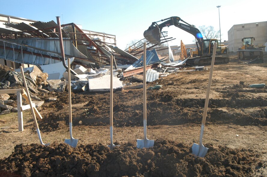Work began immediately following a groundbreaking ceremony for a new, $21 million software support facility Feb. 19. The 70,000 square-foot facility is targeted for occupation by Jan. 2010. (Air Force photo by Sue Sapp)