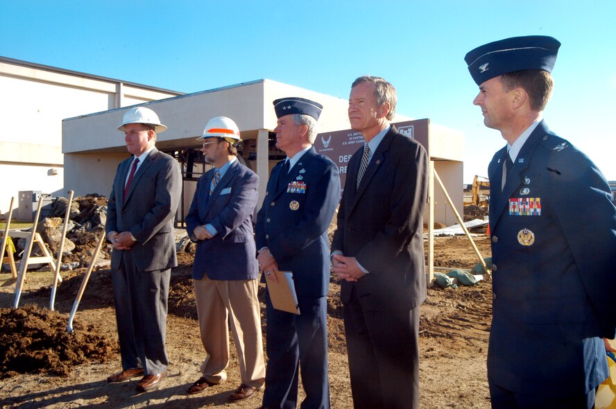 Mason McKnight III, McKnight Construction vice president, Ric Powers, area engineer, US Army Corps of Engineers, Maj. Gen. Tom Owen, Warner Robins Air Logistics Center commander, Congressman Jim Marshall , and Col. Warren Berry, 78th Air Base Wing commander took part in the groundbreaking ceremony for a new $21 million Software Support Facility. U. S. Air Force photo by Sue Sapp   