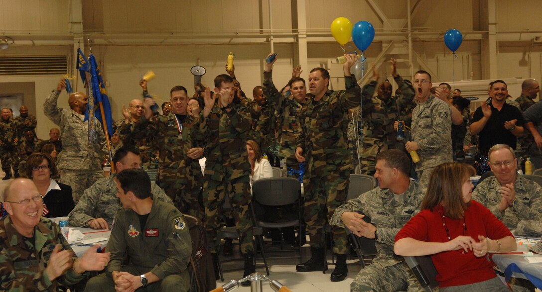 LANGLEY AIR FORCE BASE, Va. – Members of the 1st Maintenance Operations Squadron cheer after winning the 2007 Maintenance Professional of the Year Unit Esprit De Corps trophy during the Maintenance Professional of the Year banquet Feb. 8. This trophy is awarded to the squadron that exemplified morale and used to teamwork to accomplish the mission. (U.S. Air Force photo/Senior Airman Cecil C. McCloud)