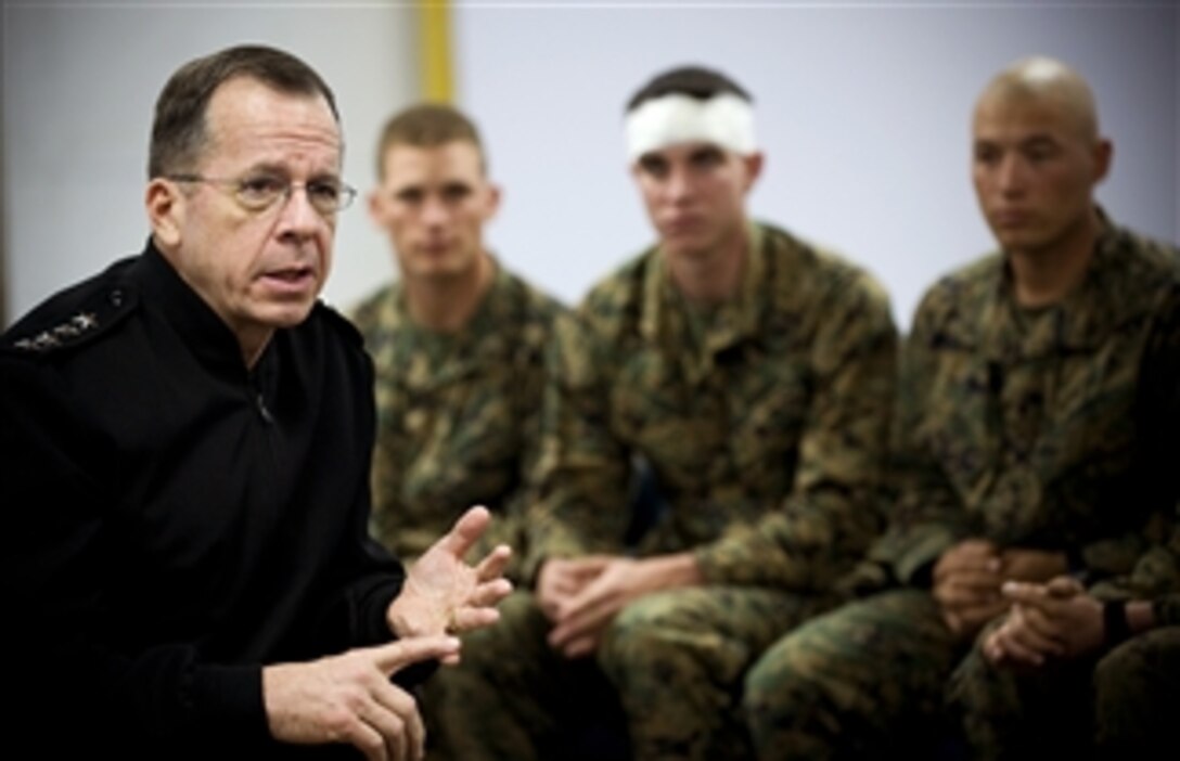 U.S. Navy Adm. Mike Mullen, chairman of the Joint Chiefs of Staff, speaks with Marines at Camp Pendleton, Calif., Feb. 19, 2008. 