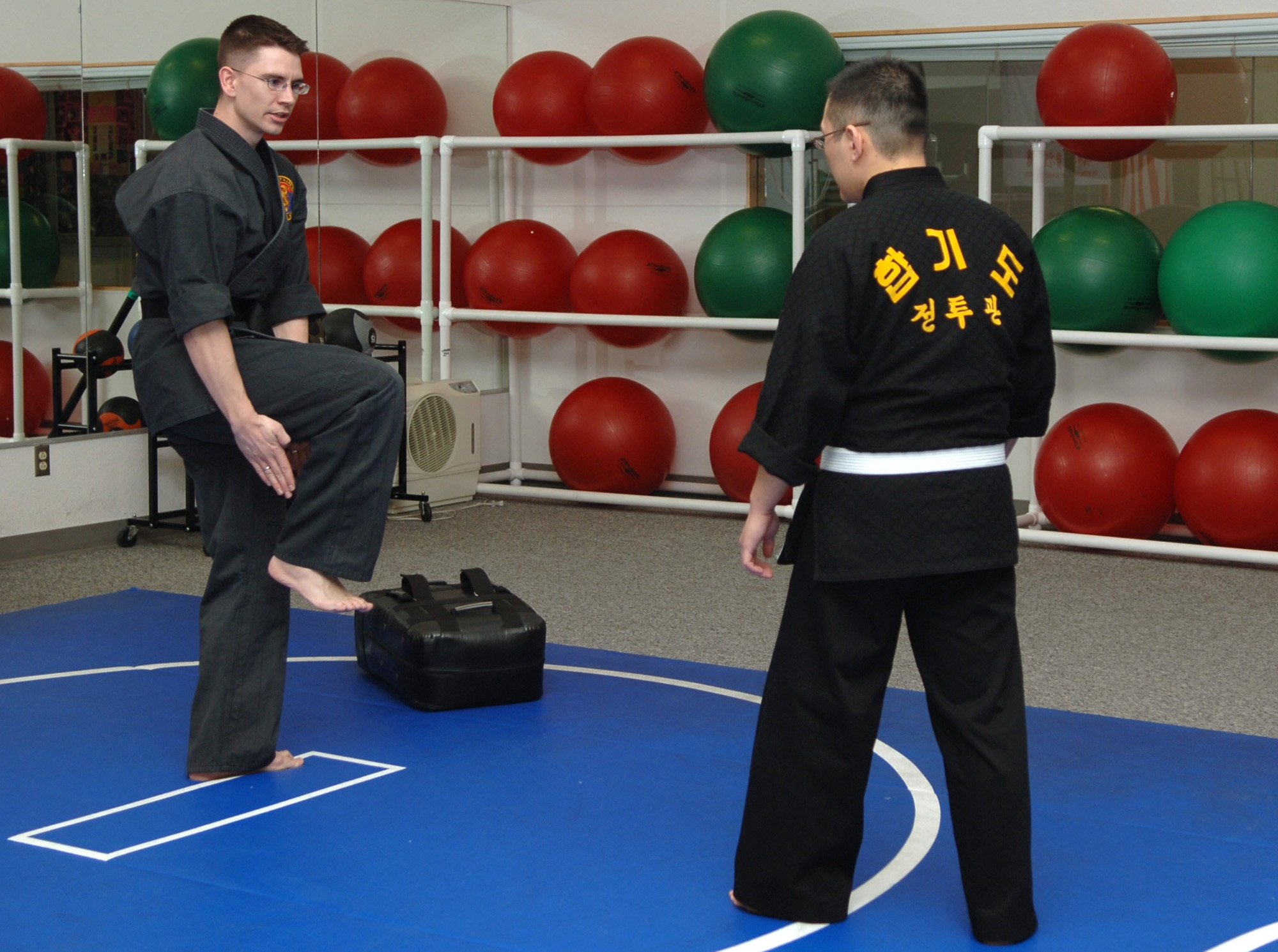 FAIRCHILD AIR FORCE BASE, Wash. -- Staff Sgt. Thomas Locke, 92nd Communications Squadron network administrator, explains in detail how to perform a front kick in Combat Hapkido to Airman 1st Class Gyuseok James Kang, also from the 92nd CS, at the base Fitness Center Feb. 5. Airman Kang has a black belt in Traditional Hapkido, but recognizes the differences in Combat Hapkido and is practicing for his Yellow Belt test. The Combat Hapkido class is offered Tuesdays and Thursdays from 6 to 8 p.m. at the Fitness Center. (U.S. Air Force photo / Senior Airman Jocelyn Ford)