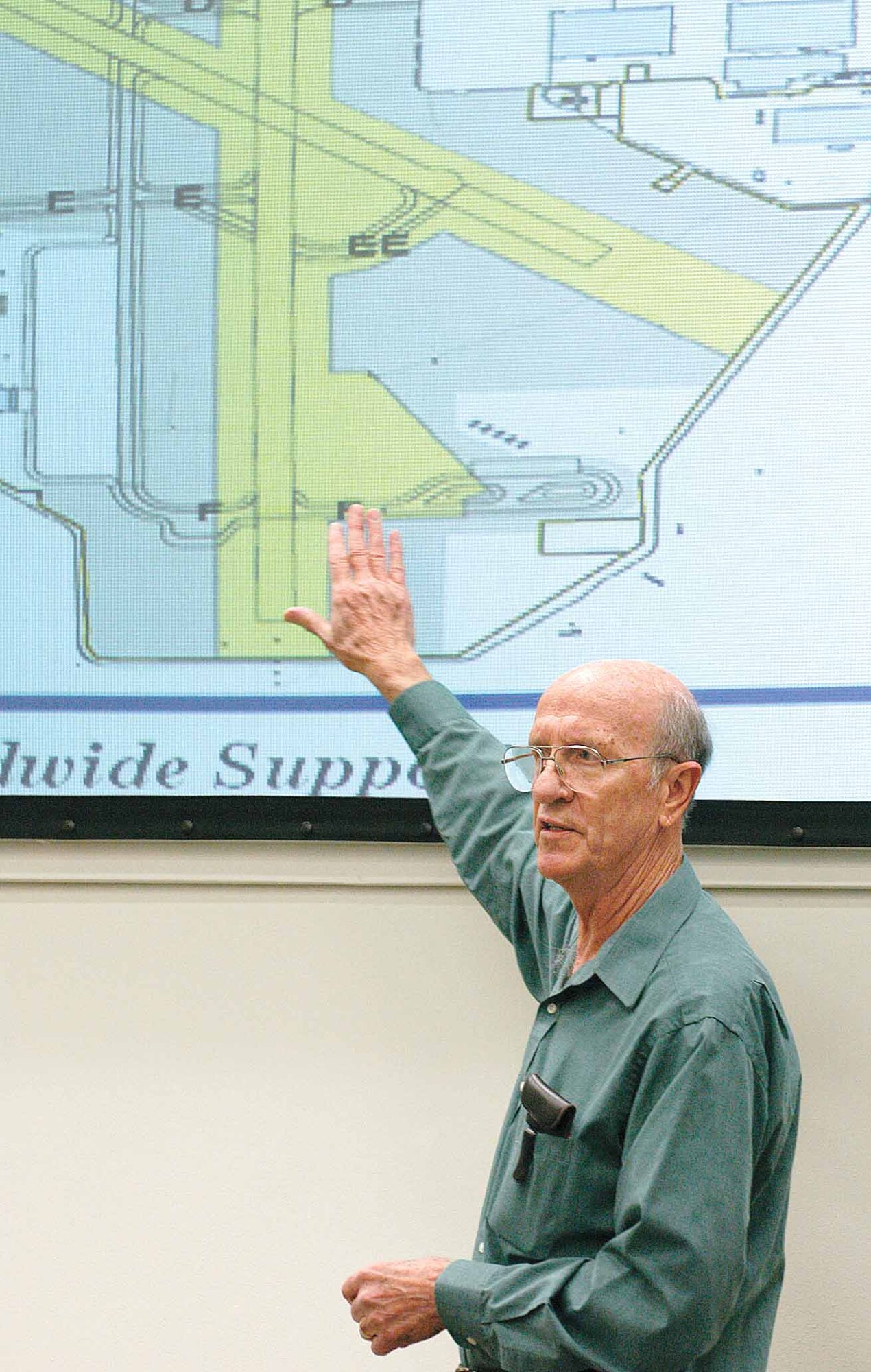 Don Lott, Tinker’s airfield manager, outlines changes to flightline driving rules during a Feb. 8 briefing on base. Changes include a reduced controlled movement area footprint and changes in communicating with the control tower. (Air Force photo by Margo Wright)
