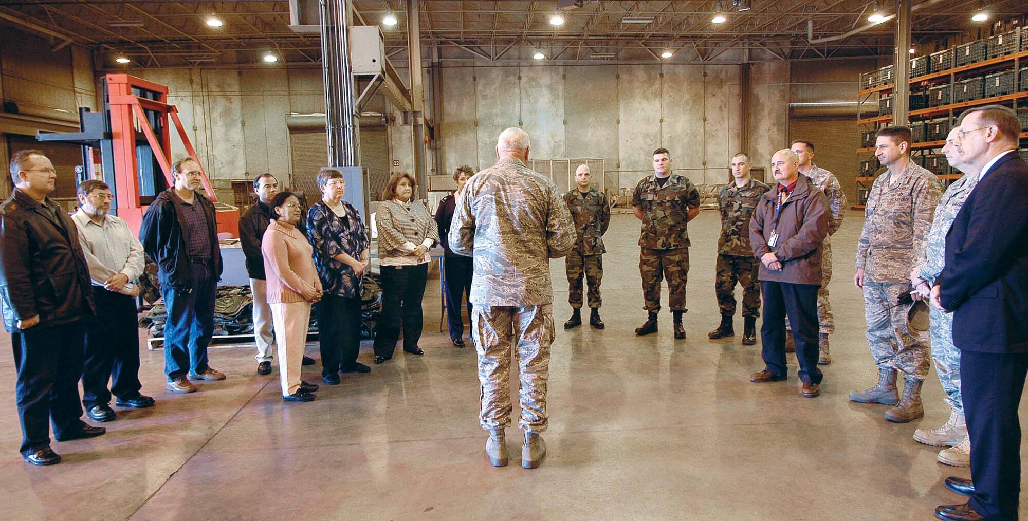 Maj. Gen. Loren Reno, Oklahoma City Air Logistics Center commander, thanks 72nd Air Base Wing Logistics Readiness Squadron members Feb. 8 who were singled out during recent inspections as outstanding performers.  The Logistics Standardization and Evaluations Team inspection ended last week with early results giving Tinker an overall “Satisfactory” rating. (Air Force photo by Margo Wright) 
