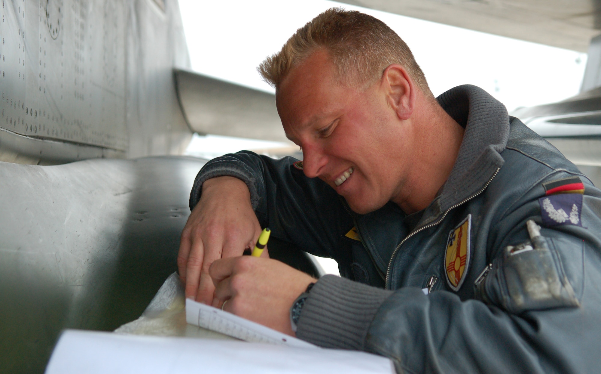 LAUGHLIN AIR FORCE BASE, Texas – German air force pilot Maj. Axel Hoppe completes his post-flight checklist on a German Tornado aircraft from Holloman Air Force Base, N.M., that came to Laughlin Feb. 19.  The major was part of an aircrew that participated in the first-ever training program with instructor pilots from the 434th Fighter Training Squadron that included mock dogfights.  (U.S. Air Force photo by Staff Sgt. Austin M. May)