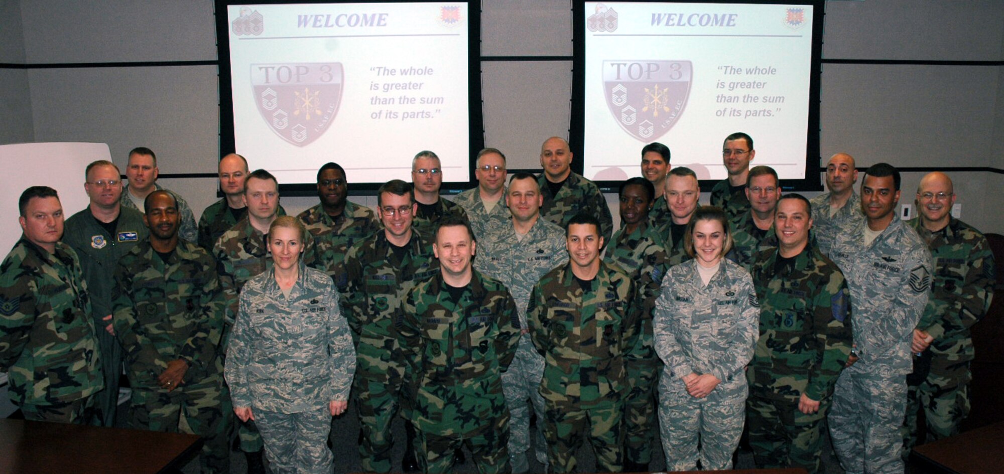 Members of the U.S. Air Force Expeditionary Center's Top Three (master sergeant through chief master sergeant) stop for a photo during their monthly meeting Feb. 14, 2008, inside the Center on Fort Dix, N.J.  The Top Three is a critical organization to the Center organizing fundraisers for scholarships and planning monthly promotion ceremonies, hails and farewells and holiday gatherings.  All E-7s and above within the Center are encouraged to join.  (U.S. Air Force Photo/Tech. Sgt. Scott T. Sturkol)