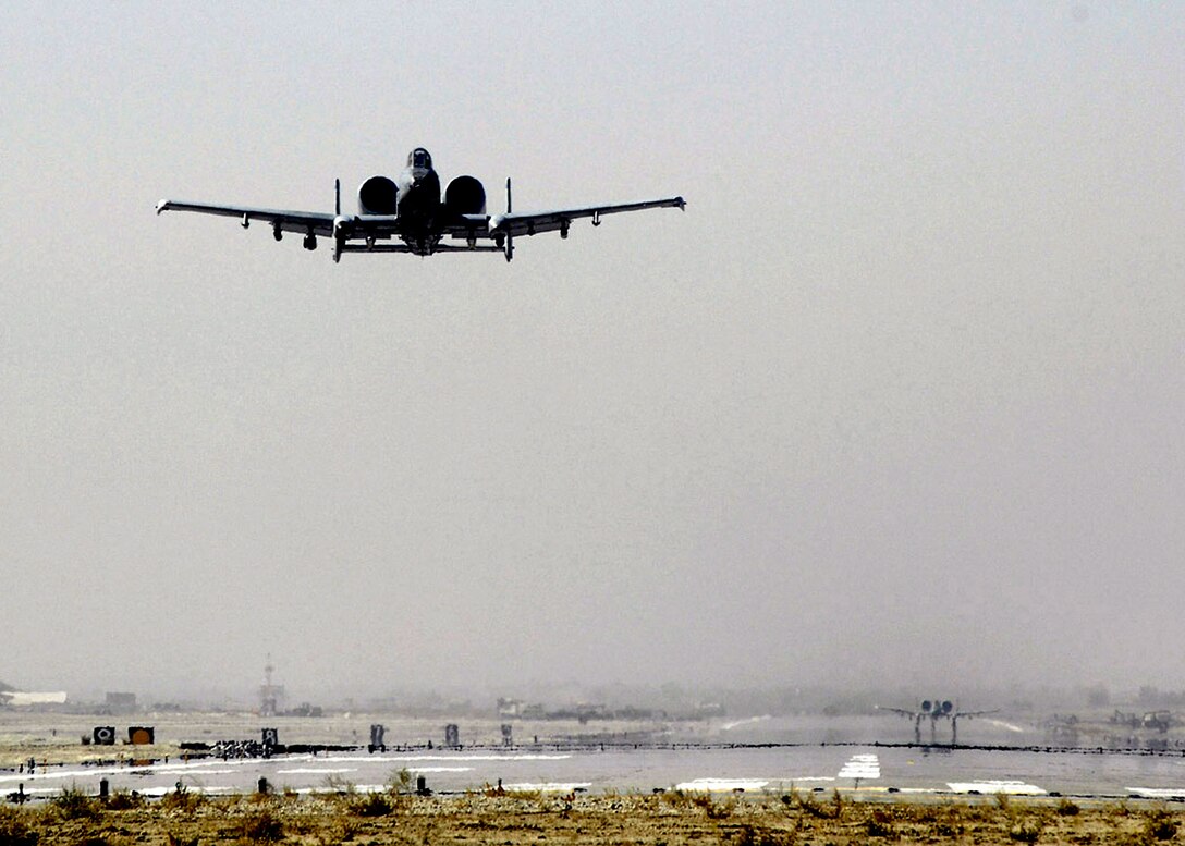 An A-10 Thunderbolt II takes off from Bagram Airfield, to fly a combat sortie in support of Operation Enduring Freedom.  The A-10 has excellent maneuverability at low air speeds and altitude, and is a highly accurate weapons-delivery platforms.  (U.S. Air Force photo/Staff Sgt. Brian Ferguson)