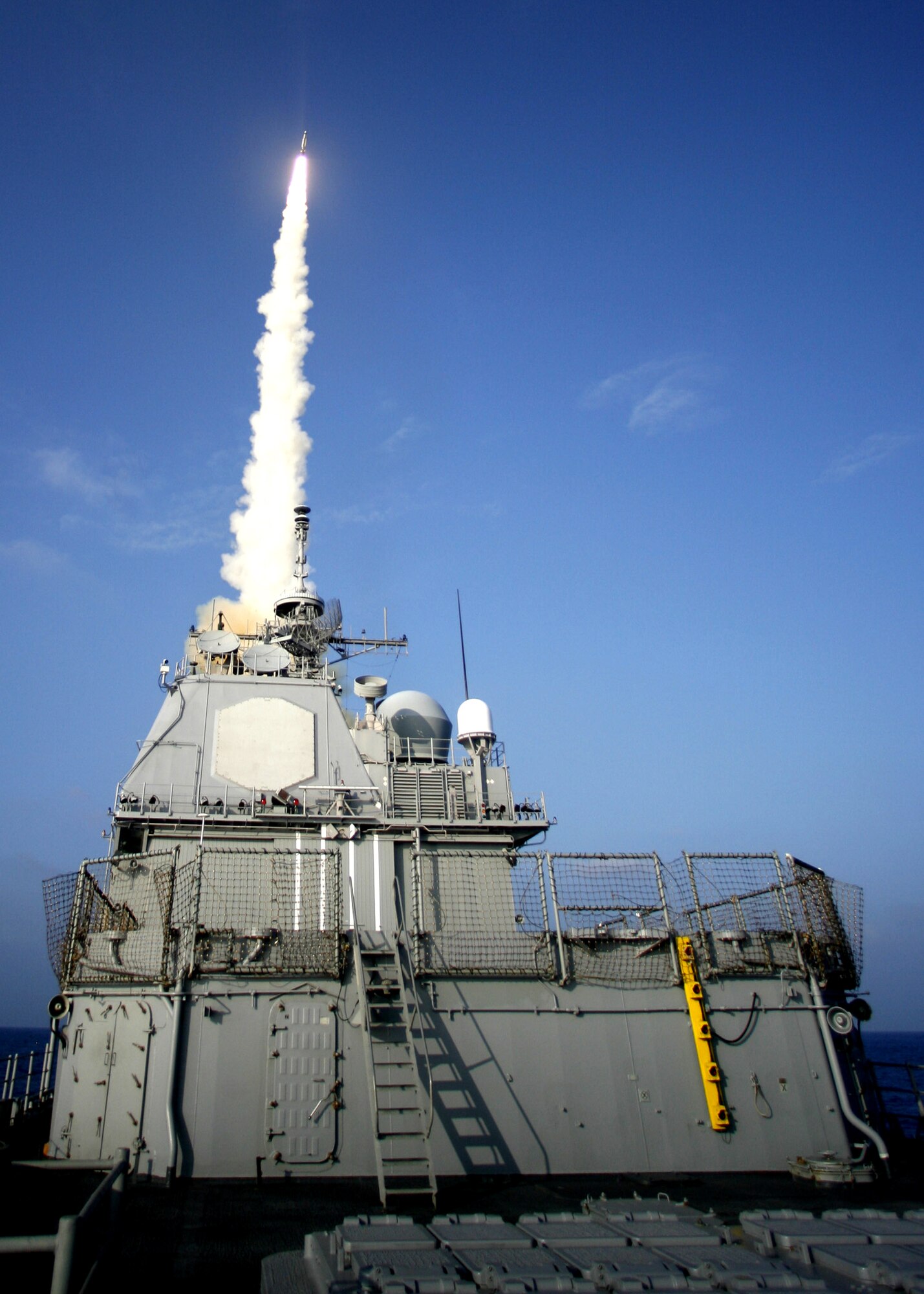 The USS Lake Erie launches a Navy Standard Missile-3 at a nonfunctioning National Reconnaissance Office satellite as it traveled in space at more than 17,000 mph over the Pacific Ocean Feb. 20. (Defense Dept. photo by U.S. Navy)