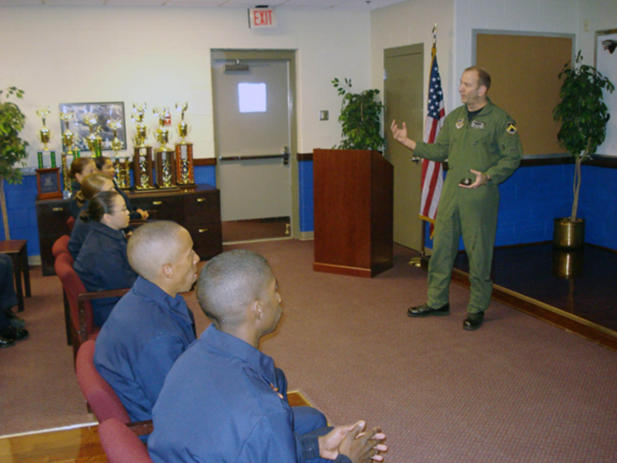 LACKLAND AIR FORCE BASE, Texas --  Colonel Creig "Wolf 2" Rice, 8th Fighter Wing vice commander, speaks with basic trainees Feb. 13. The colonel visted with Airmen assigned to the 331st Training Squadron. (Courtesy photo)