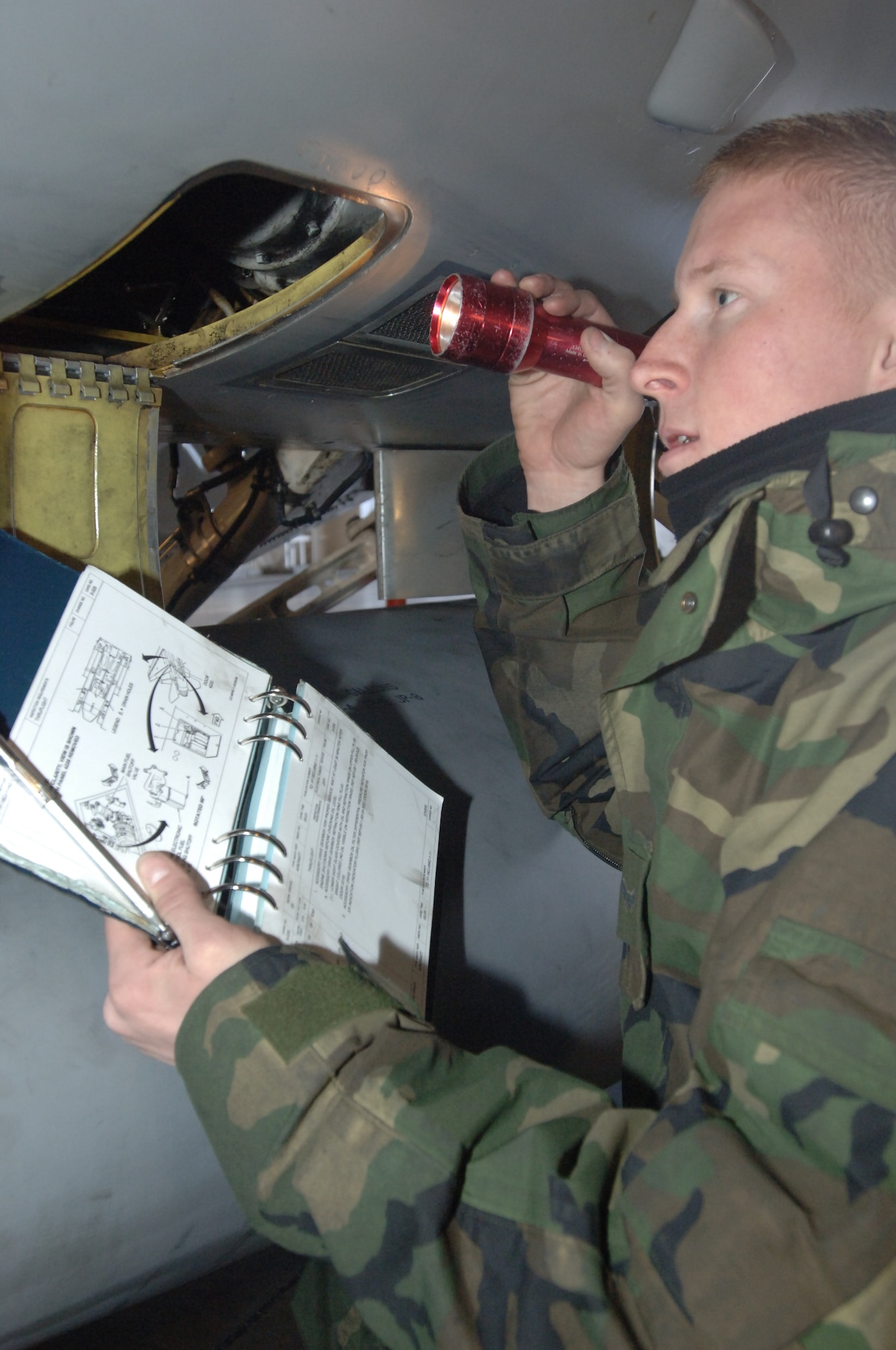 MISAWA AIR BASE, Japan -- Airman 1st Class Rory Conway, 35th Maintenance Squadron assistant dedicated crew chief, inspects the retraction gear of an F-16 here on Feb. 20, 2008.  The 35th Maintenance Group was awarded the PACAF Maintenance Effectiveness Award, and PACAF earned the Gen. Wilbur L. Creech Maintenance Excellence Award for 2007. (U.S. Air Force photo by Senior Airman Robert Barnett)