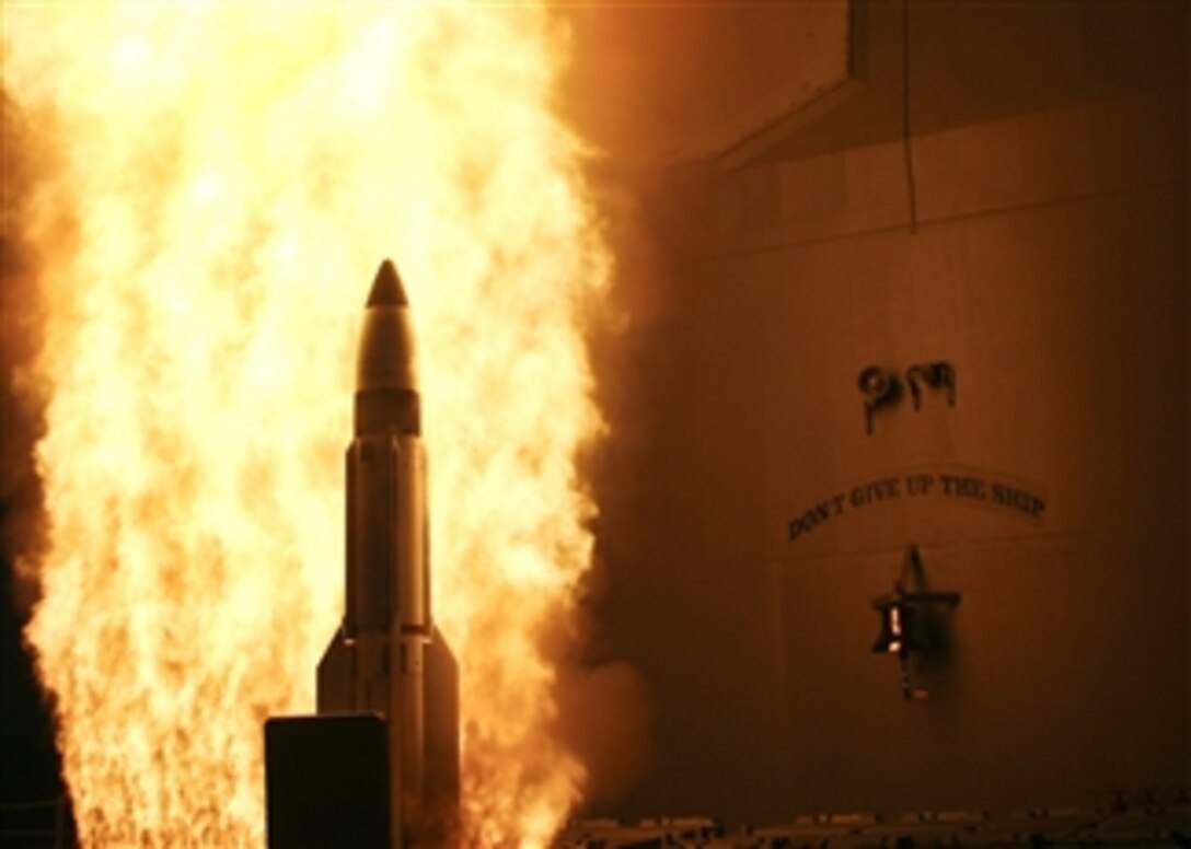 The USS Lake Erie launches a Standard Missile-3 at a non-functioning National Reconnaissance Office satellite as it traveled in space at more than 17,000 mph over the Pacific Ocean, Feb. 20, 2008. The objective was to rupture the satellite's fuel tank to dissipate the approximately 1,000 pounds of hydrazine, a hazardous material which could pose a danger to people on Earth, before it entered into the Earth's atmosphere. 