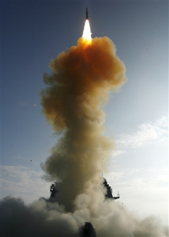 The USS Lake Erie (CG 70) launches a Standard Missile-3 at a non-functioning National Reconnaissance Office satellite as it traveled in space at more than 17,000 mph over the Pacific Ocean on Feb. 20, 2008.  The objective was to rupture the satellite’s fuel tank to dissipate the approximately 1,000 pounds (453 kg) of hydrazine, a hazardous material which could pose a danger to people on earth, before it entered into earth's atmosphere. The USS Lake Erie is an Aegis guided missile cruiser.  USS Decatur (DDG 73) and USS Russell (DDG 59) were also part of the task force.  