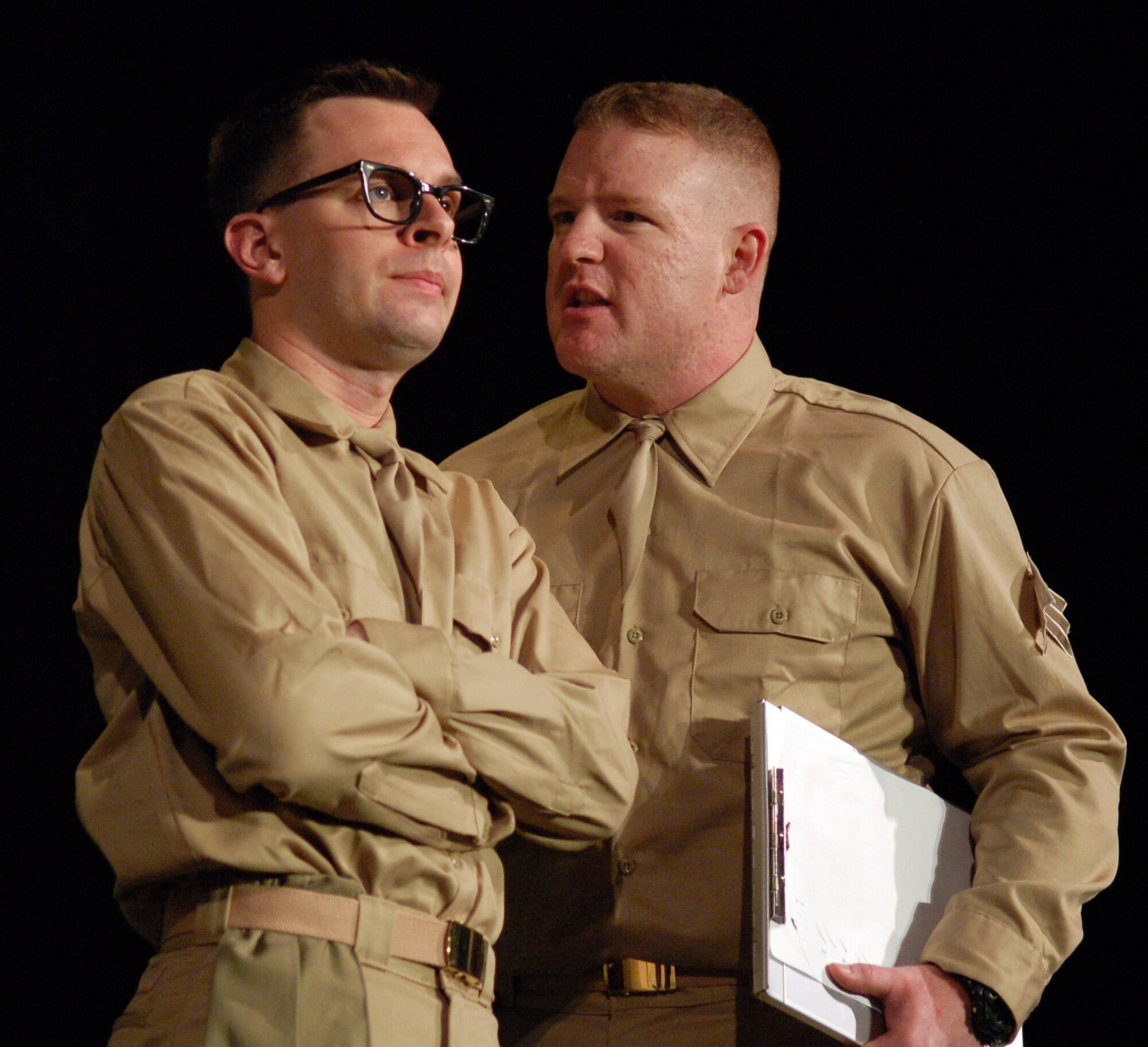 DEL RIO, Texas – Staff Sgt. Keith Lewis (right), an aerospace physiology technician, rehearses a scene from “Biloxi Blues” with Ben Graff, 47th Civil Engineer Squadron.  The two are members of the local performing group the Upstagers, which employs more than a dozen volunteers from Laughlin.  (U.S. Air Force photo by Staff Sgt. Austin M. May)