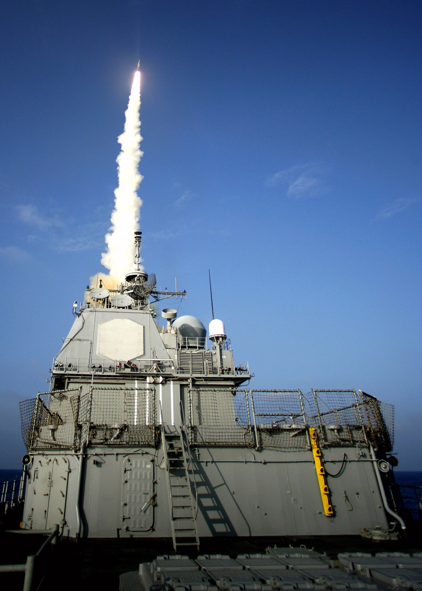 The USS Lake Erie launches a Navy Standard Missile-3 Feb. 20 at a nonfunctioning National Reconnaissance Office satellite as it traveled in space at more than 17,000 mph. (U.S. Navy photo) 
