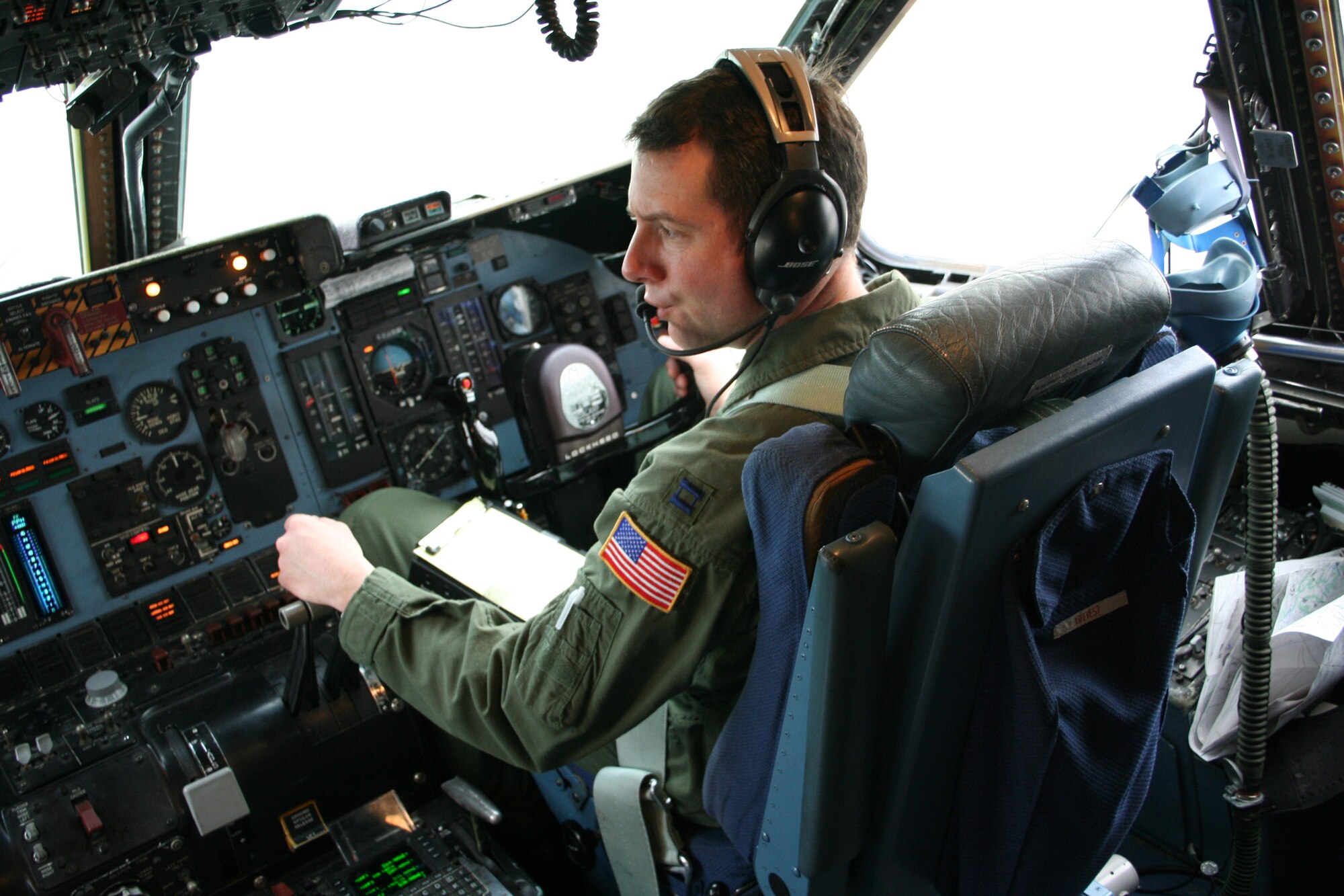 Capt. Kyle Hayes, a pilot with the 89th Airlift Squadron, checks the instrument panel in the C-5 as he prepares to leave Wright-Patterson AFB, Ohio, for a regular mission to deliver cargo to Ramstein AB, Germany and on into Kuwait.

The 445th Airlift Wing began flying regular missions to Kuwait in January, 2008, in support of U.S. forces in Iraq and Afghanistan.  The flights leave Wright Patterson AFB, Ohio, load cargo at an East Coast base, then fly into Ramstein AB, Germany.  The plane then heads to Kuwait and makes its way back to Wright-Patt. (U.S. Air Force photo/Maj. Ted Theopolos)
