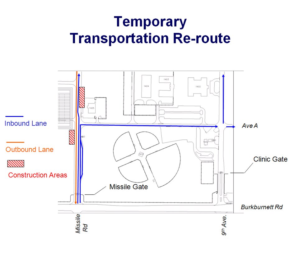 Beginning Feb. 25, use of Missile Road will be restricted to base personnel till July, as the 82nd Civil Engineer Squadron prepares it to be the home of the new visitor’s center. (U.S. Air Force graphic)