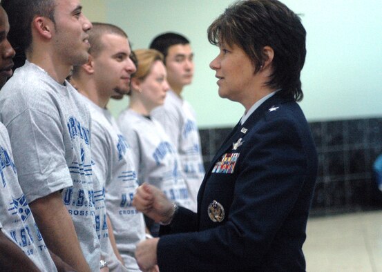 Brig Gen. Suzanne Vautrinot speaks to recruits before swearing them in Feb. 19 at the Galleria Mall. U. S. Air Force photo by Sue Sapp   