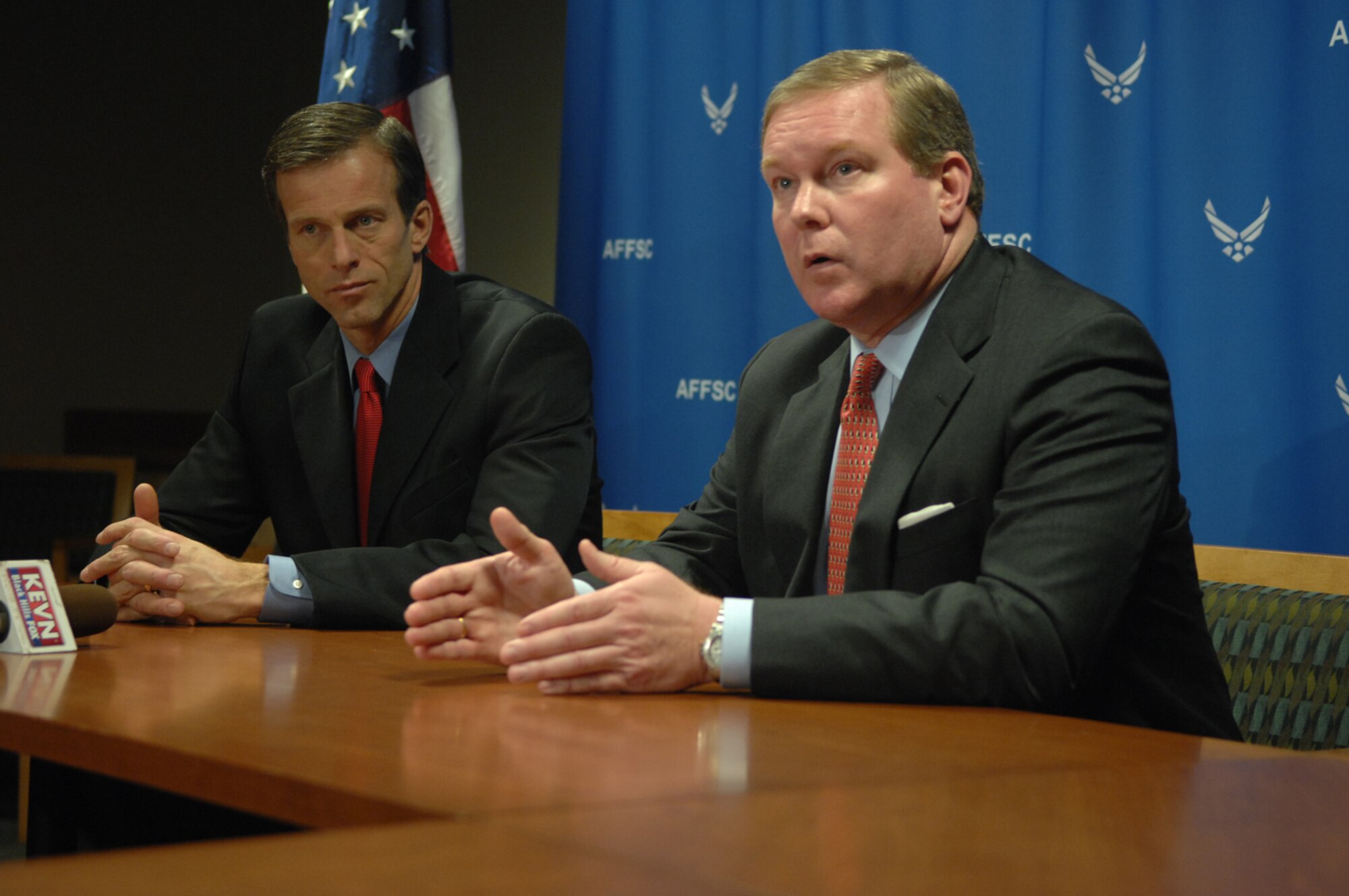 South Dakota Senator John Thune and Mr. John H. Gibson II, Assistant Secretary of the Air Force for Financial Management and Comptroller, answer media questions at the Financial Services Center, Feb. 19.  Gibson, the newly appointed Assistant Secretary of the Air Force for Financial Management and Comptroller, is visiting the Air Force Financial Services Center for the first time. (U.S. Air Force photo by Airman 1st Class Joshua Seybert)