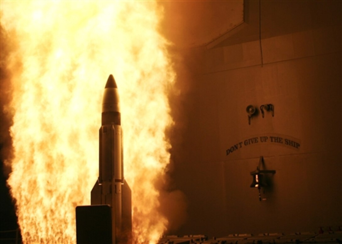 The USS Lake Erie launches a Standard Missile-3 at a non-functioning National Reconnaissance Office satellite as it traveled in space at more than 17,000 mph over the Pacific Ocean, Feb. 20, 2008. The objective was to rupture the satellite's fuel tank to dissipate the approximately 1,000 pounds of hydrazine, a hazardous material which could pose a danger to people on Earth, before it entered into the Earth's atmosphere.   
