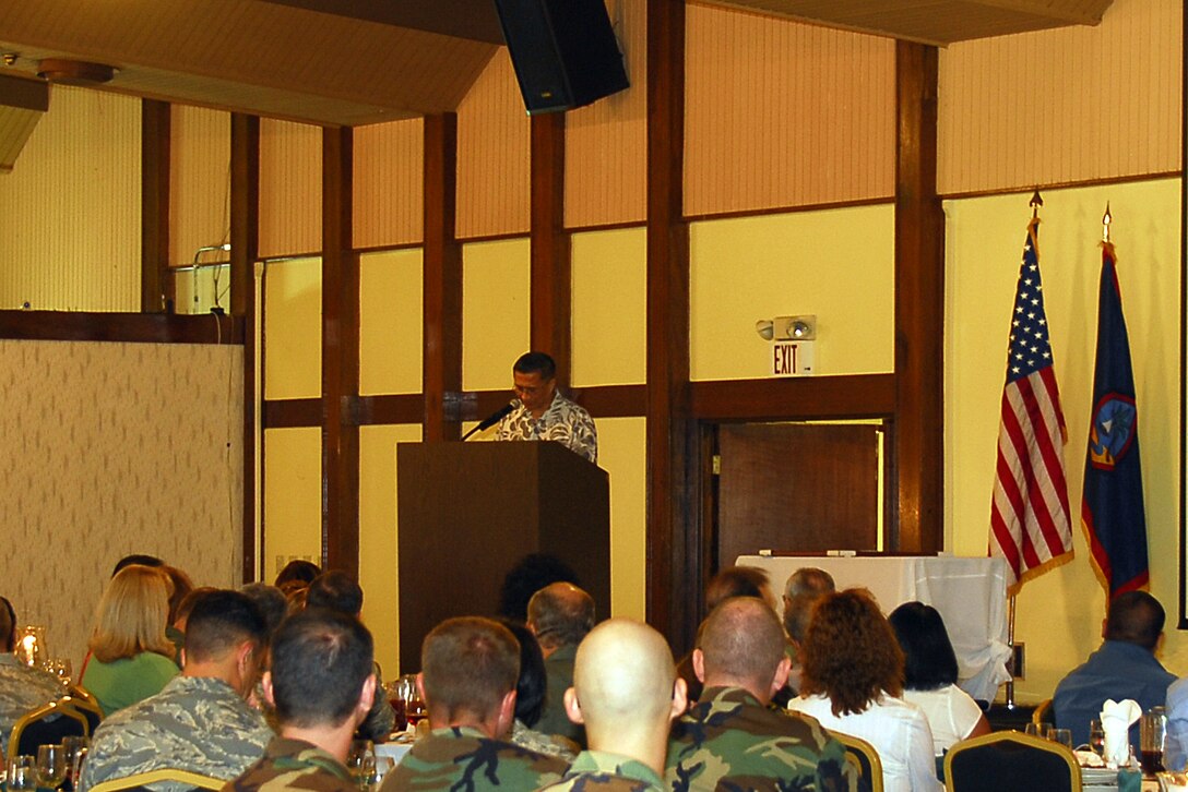 Several hundred Team Andersen members attended the National Prayer Luncheon at the Palm Tree Golf Course ballroom Feb. 21 to hear Lieutenant Governor Michael Cruz, who is an Army National Guard veteran. Lt. Gov.  Cruz spoke of his two tours of duty and the importance of the Oath of Office. (U.S. Air Force photo/Airman 1st Class Carissa Wolff)