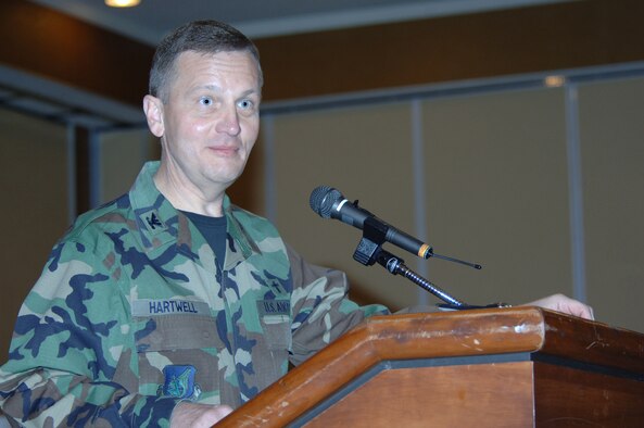 MISAWA AIR BASE, Japan -- Col. Richard Hartwell, PACAF command chaplain, delivers a heartfelt message to members of Misawa during the annual prayer breakfast at the enlisted club on Feb. 21, 2008.  Colonel Hartwell has been serving as a chaplain for nearly 27 years. (U.S. Air Force photo by Senior Airman Robert Barnett)