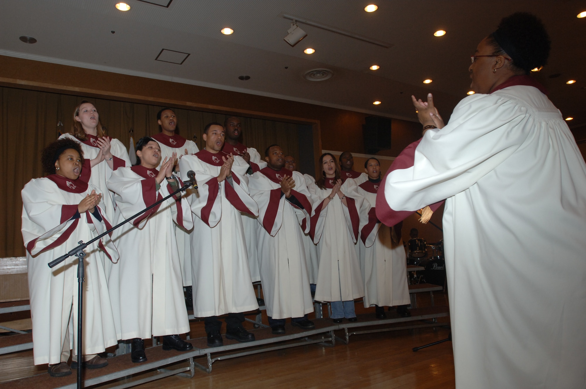 MISAWA AIR BASE, Japan -- The Gospel Service choir perform during the annual prayer breakfast at the enlisted club on Feb. 21, 2008.  The choir performed "He Reigns" and "I Need You." (U.S. Air Force photo by Senior Airman Robert Barnett)