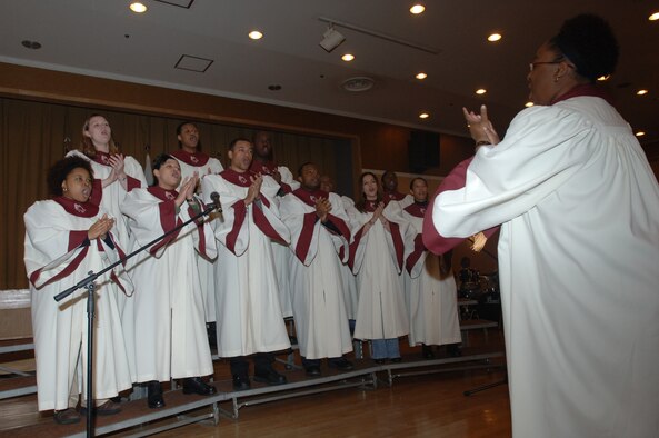 MISAWA AIR BASE, Japan -- The Gospel Service choir perform during the annual prayer breakfast at the enlisted club on Feb. 21, 2008.  The choir performed "He Reigns" and "I Need You." (U.S. Air Force photo by Senior Airman Robert Barnett)